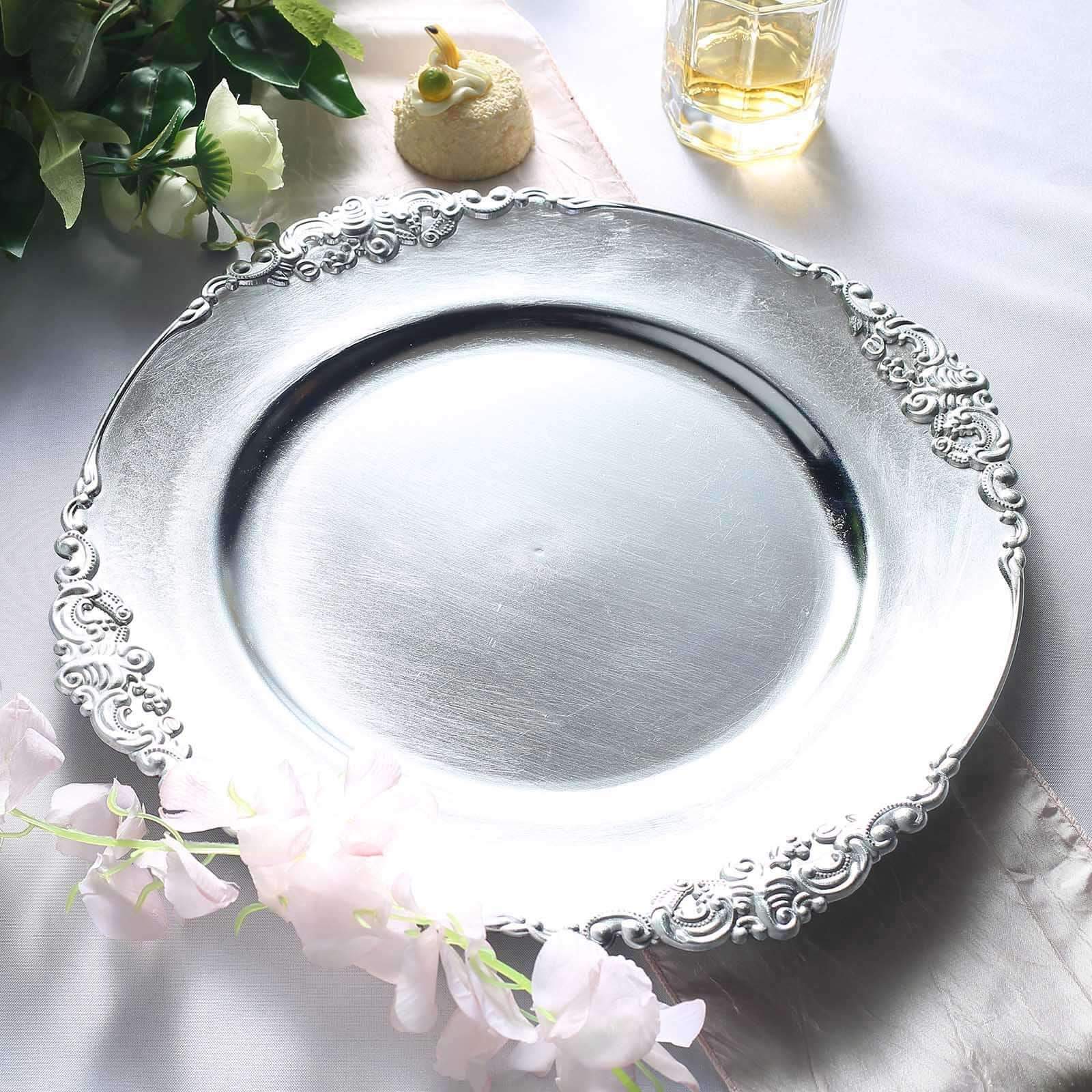 6-Pack Acrylic Round Charger Plates 13 in Silver with Embossed Baroque Rim, Antique Decorative Dinner Party Charger Tableware