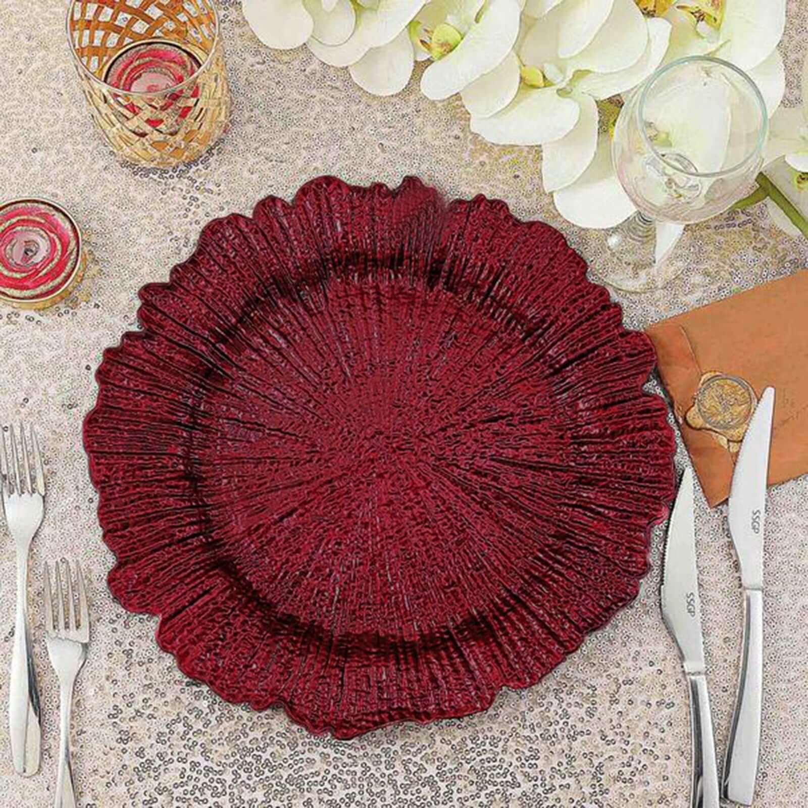 6-Pack Acrylic Plastic Round Charger Plates 13 in Burgundy with Reef Design, Dinner Charger Tableware