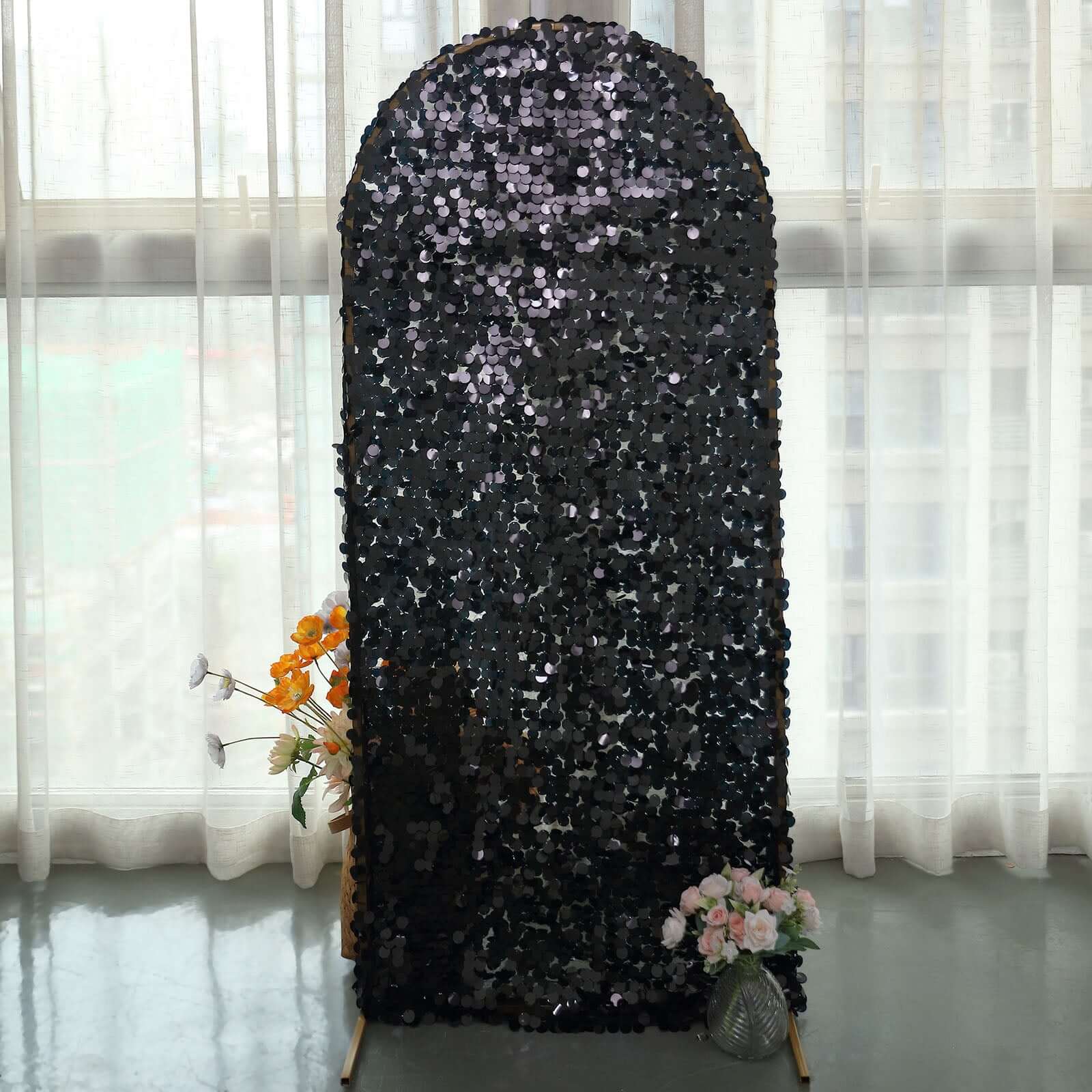 5ft Sparkly Black Double Sided Big Payette Sequin Chiara Backdrop Stand Cover For Fitted Round Top Wedding Arch