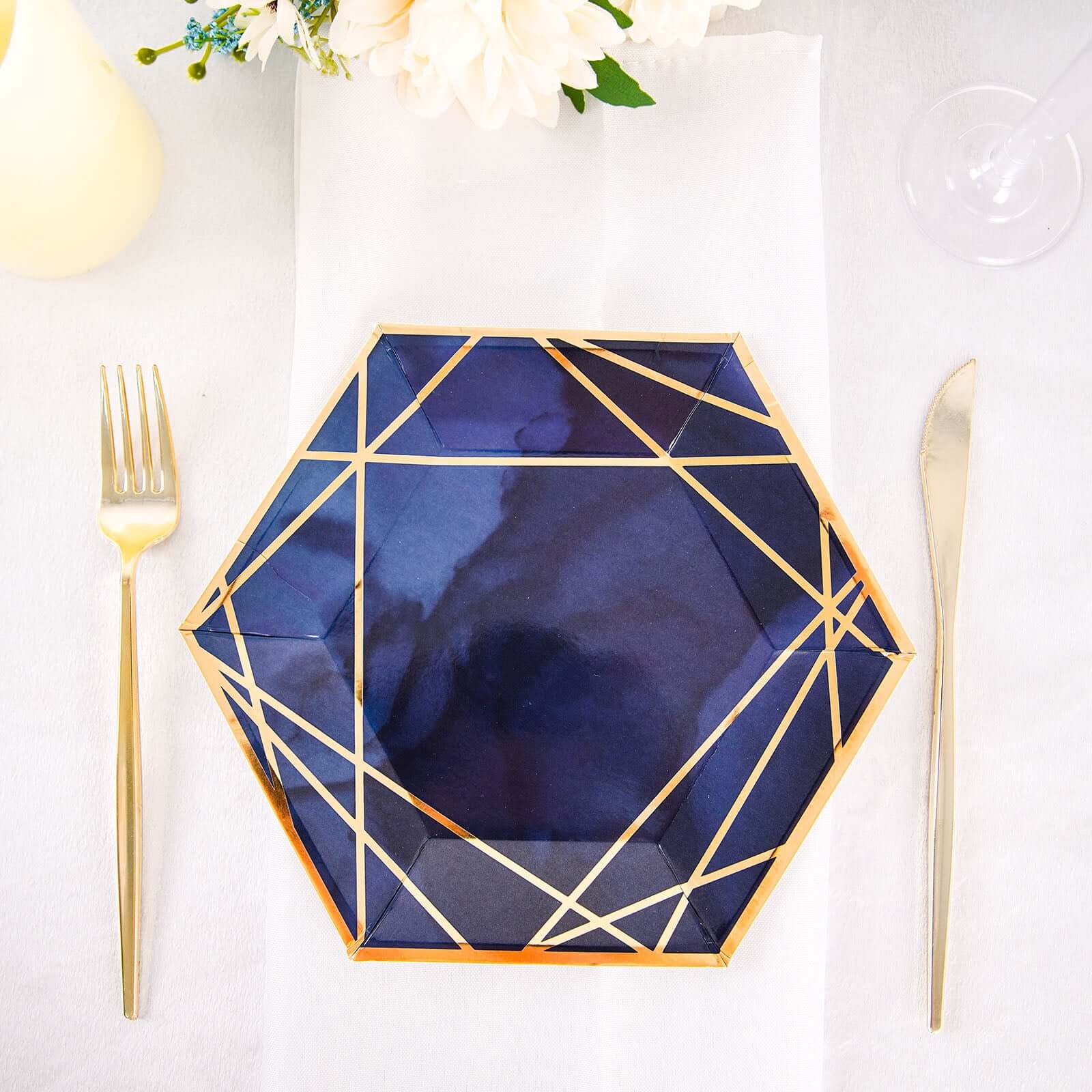 25-Pack Paper 7 Hexagon Dessert Plates in Navy Blue with Gold Geometric Lines & Rim - Stylish Disposable Geometric 300GSM Appetizer Salad Plates