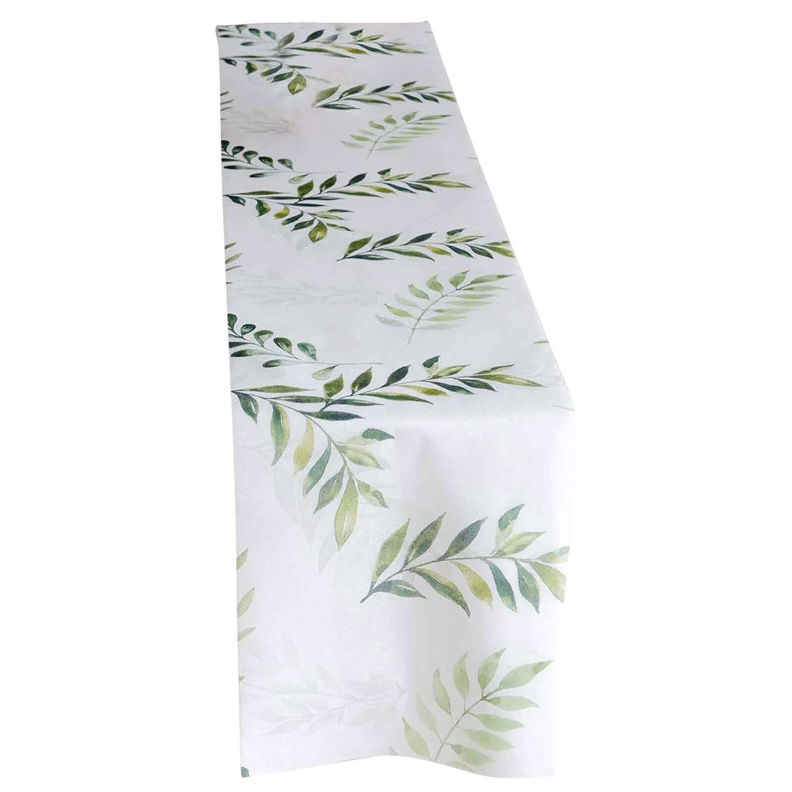 Disposable Table Runner 11x108 White with Green Olive Leaves Print - Non-woven Stylish Spring Summer Dining Decor