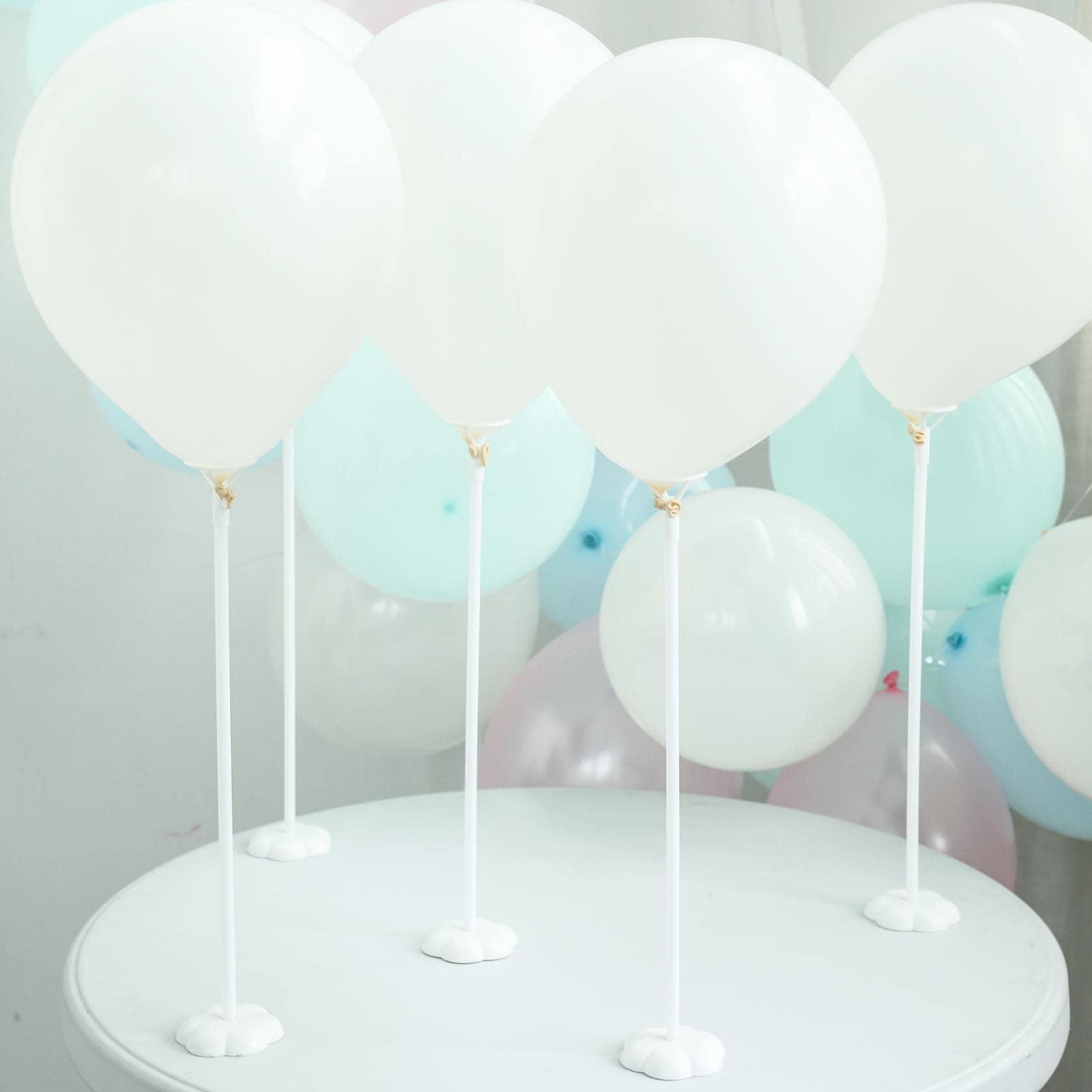 5 Pack White Balloon Centerpieces Holder with Floral Base, Table Top Balloon Stand Stick Kit - 17