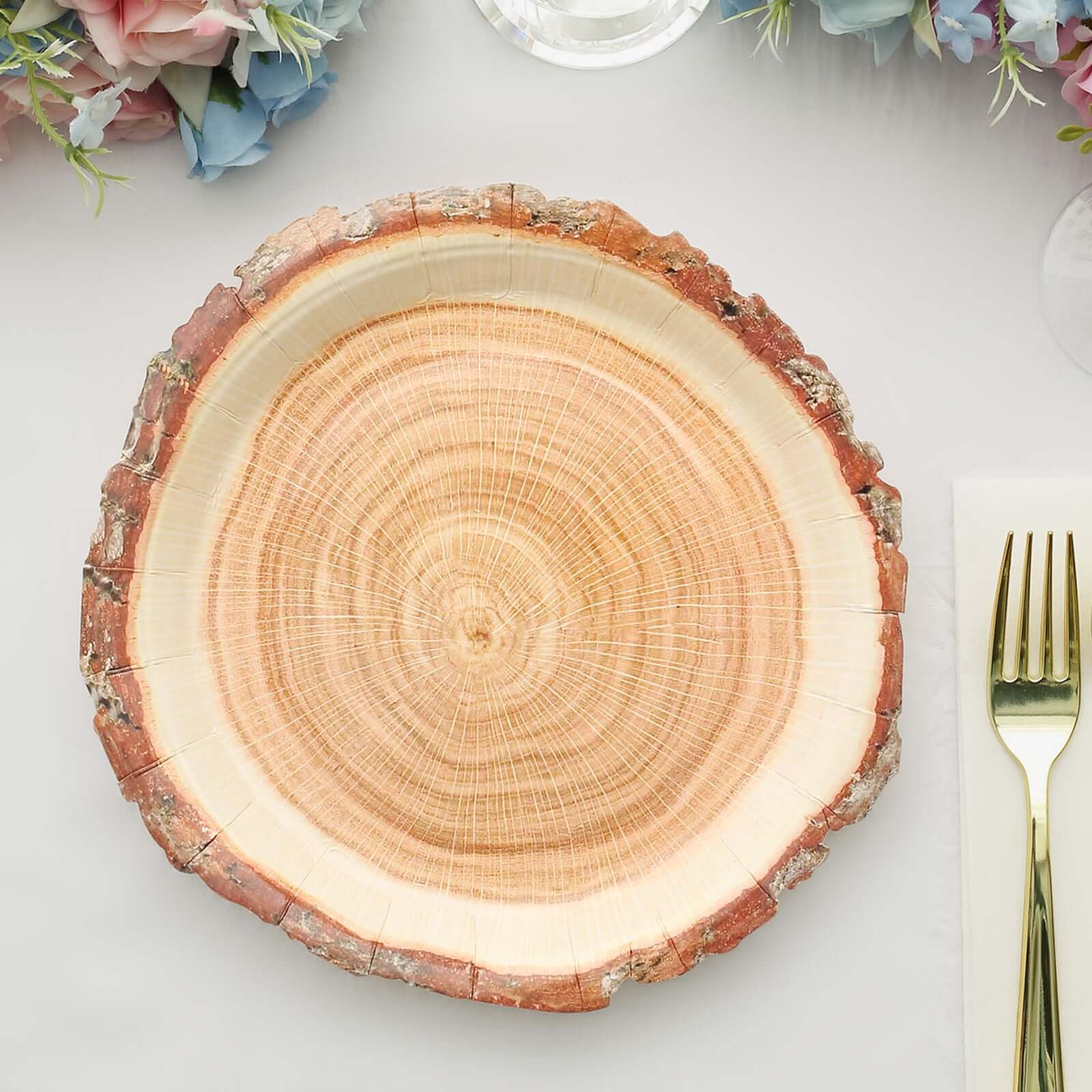 25-Pack Paper 10 Round Dinner Plates in Natural Wood Slice Print - Rustic & Nature-Inspired Disposable Party Plates