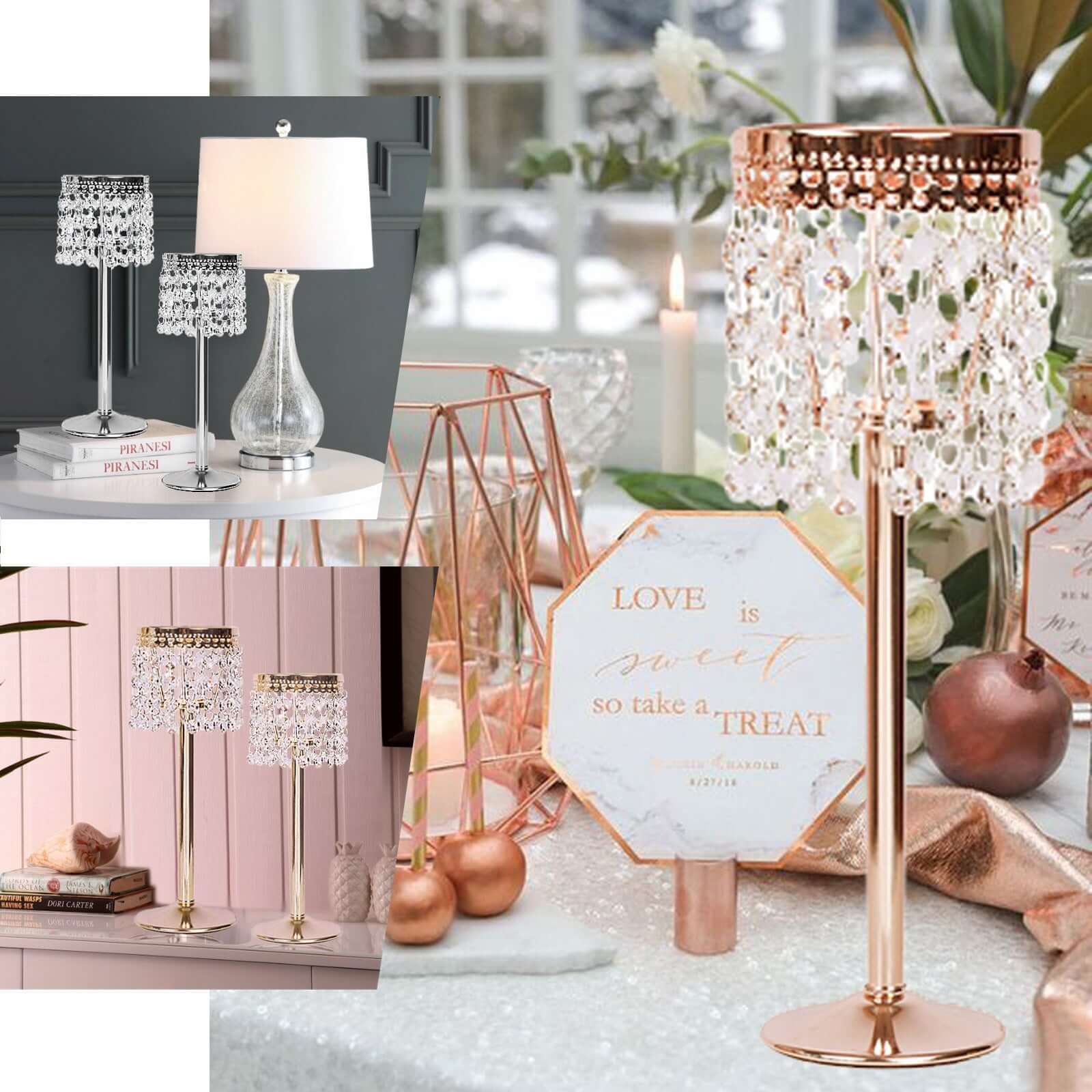 Crystal Beaded Chandelier Metal Candle Holder Rose Gold - Sophisticated Pillar Tealight Stand 12