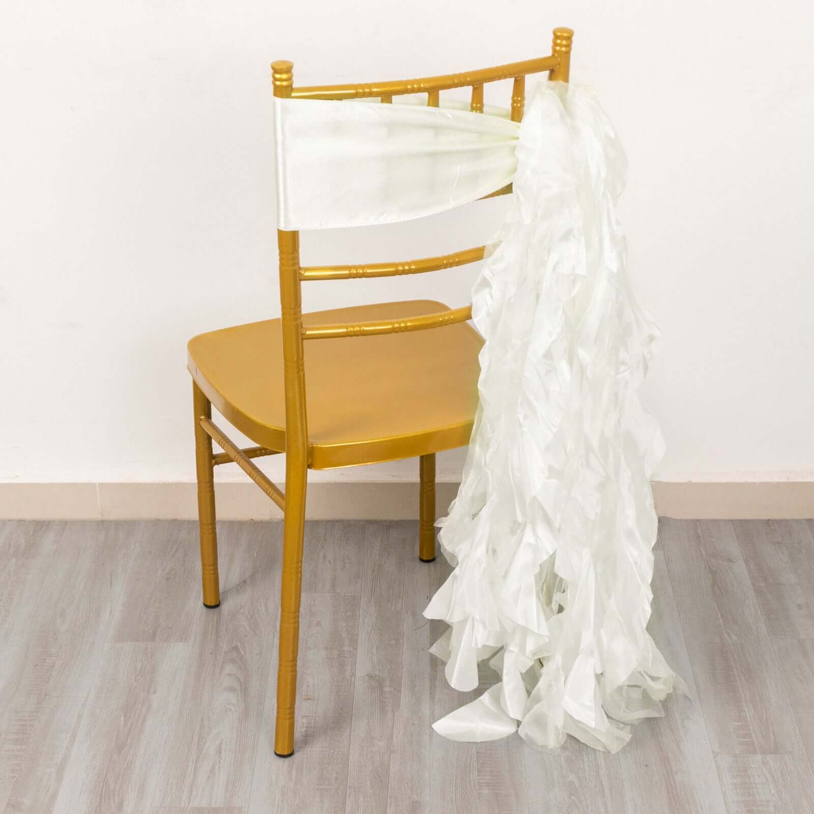 5 Pack Chiffon Satin Chair Sashes Ivory - Easy to Install Ruffled Curly Willow