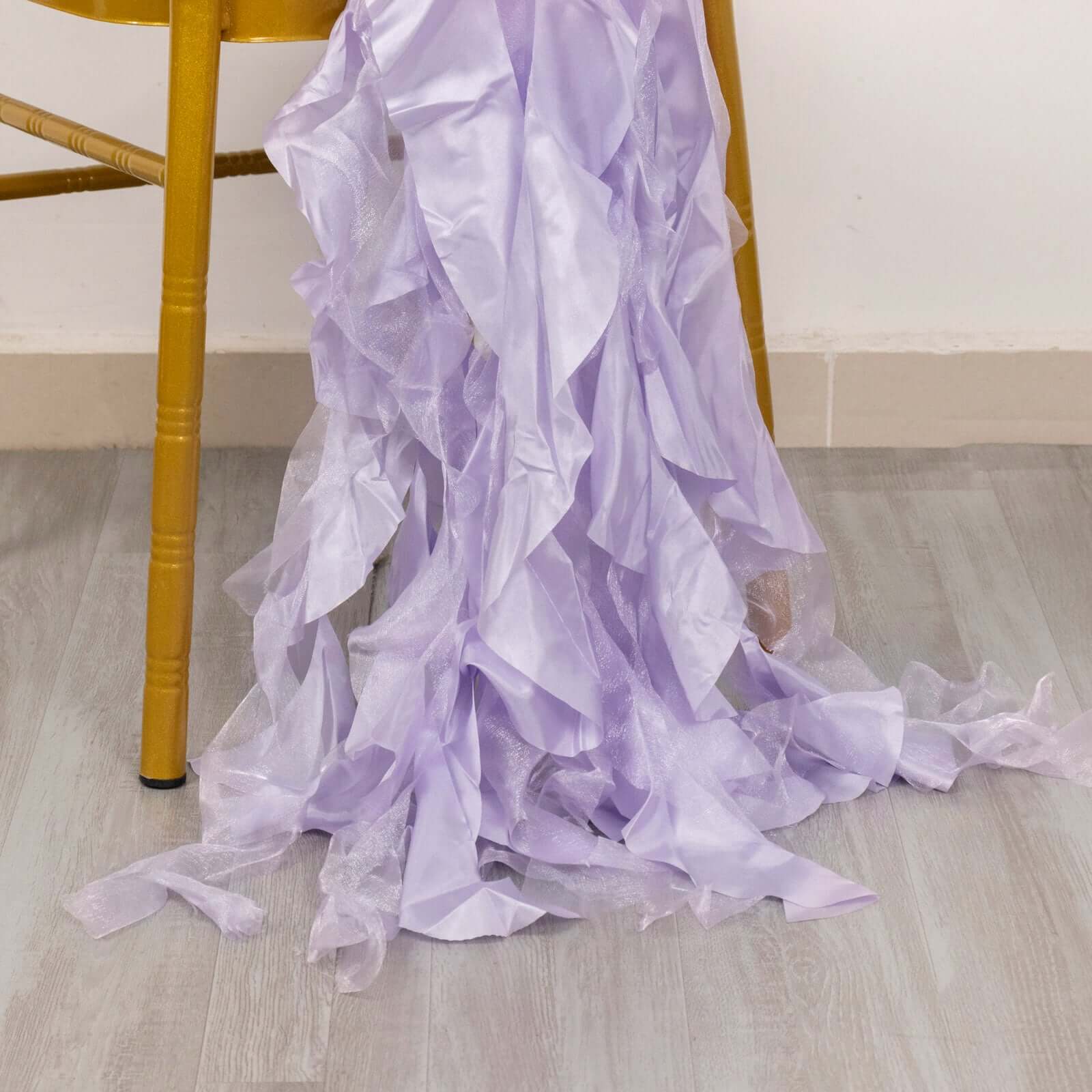 5 Pack Chiffon Satin Chair Sashes Lavender Lilac - Easy to Install Ruffled Curly Willow