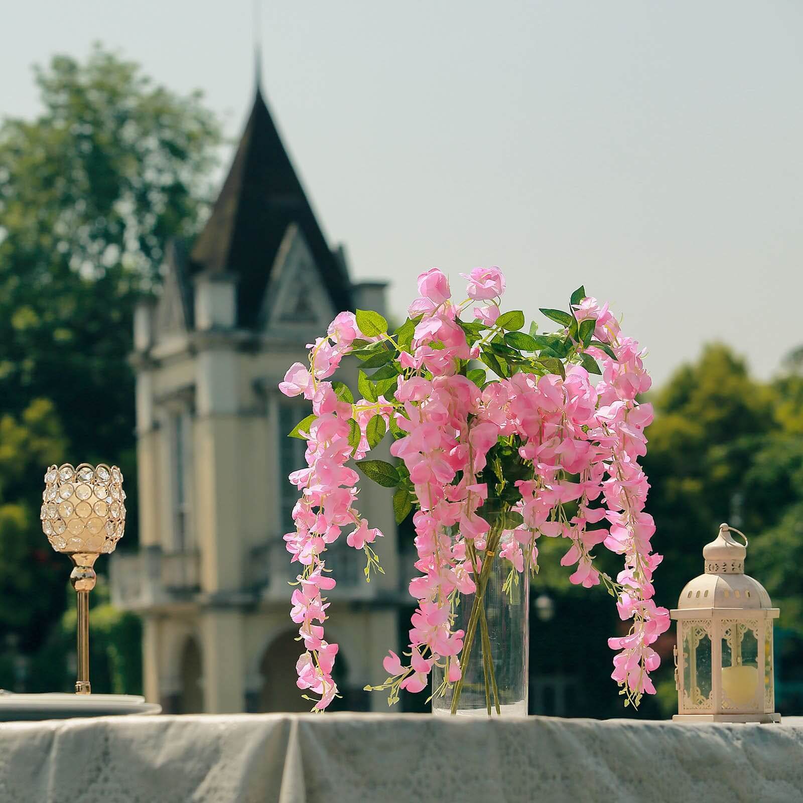 5 Pack 44 Silk Hanging Wisteria Flower Garland Vines in Pink, 3 Strands in 1 Bush