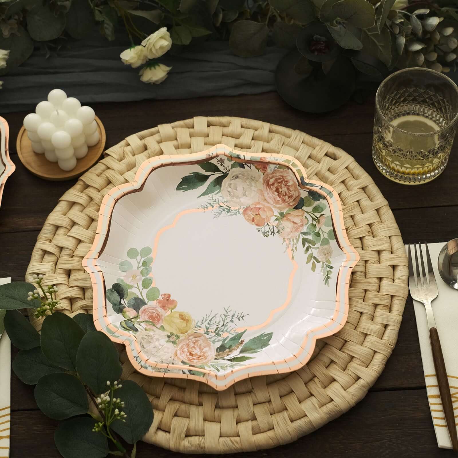 25-Pack Paper 10 Dinner Plates in White with Floral Print & Rose Gold Scallop Rim - Disposable 300GSM Party Plates