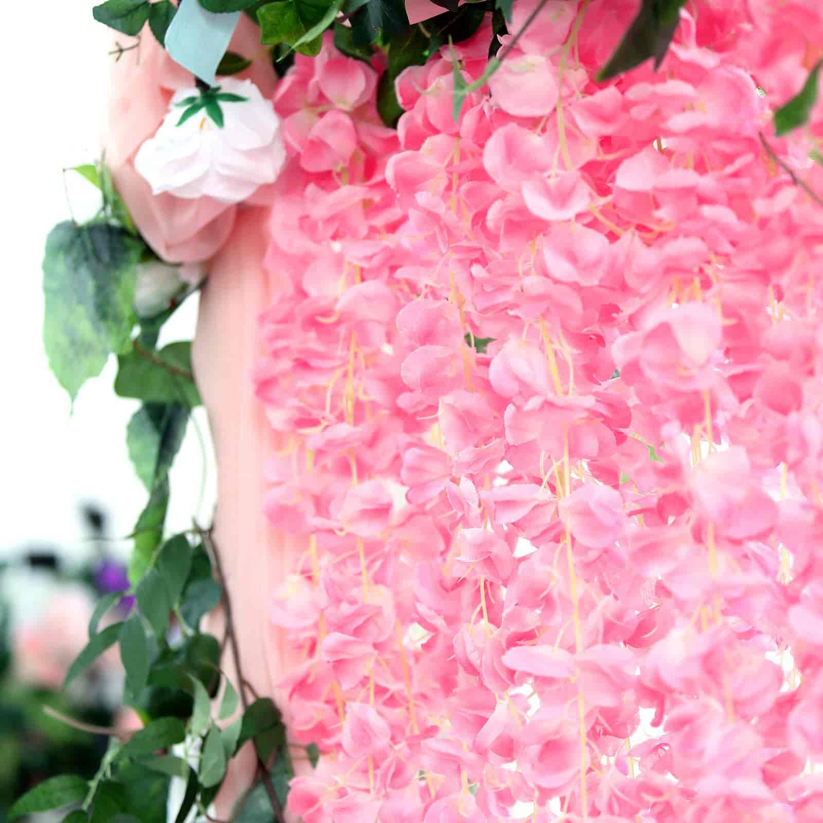 42 Silk Hanging Wisteria Flower Garland Vines in Pink, Elaborated 5 Full Strands in 1 Bush