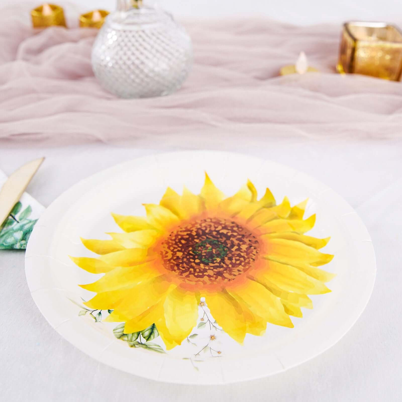 25-Pack Paper 7 Round Dessert Plates White with Sunflower Design - Disposable Salad Plates for Rustic Events & Garden Themes