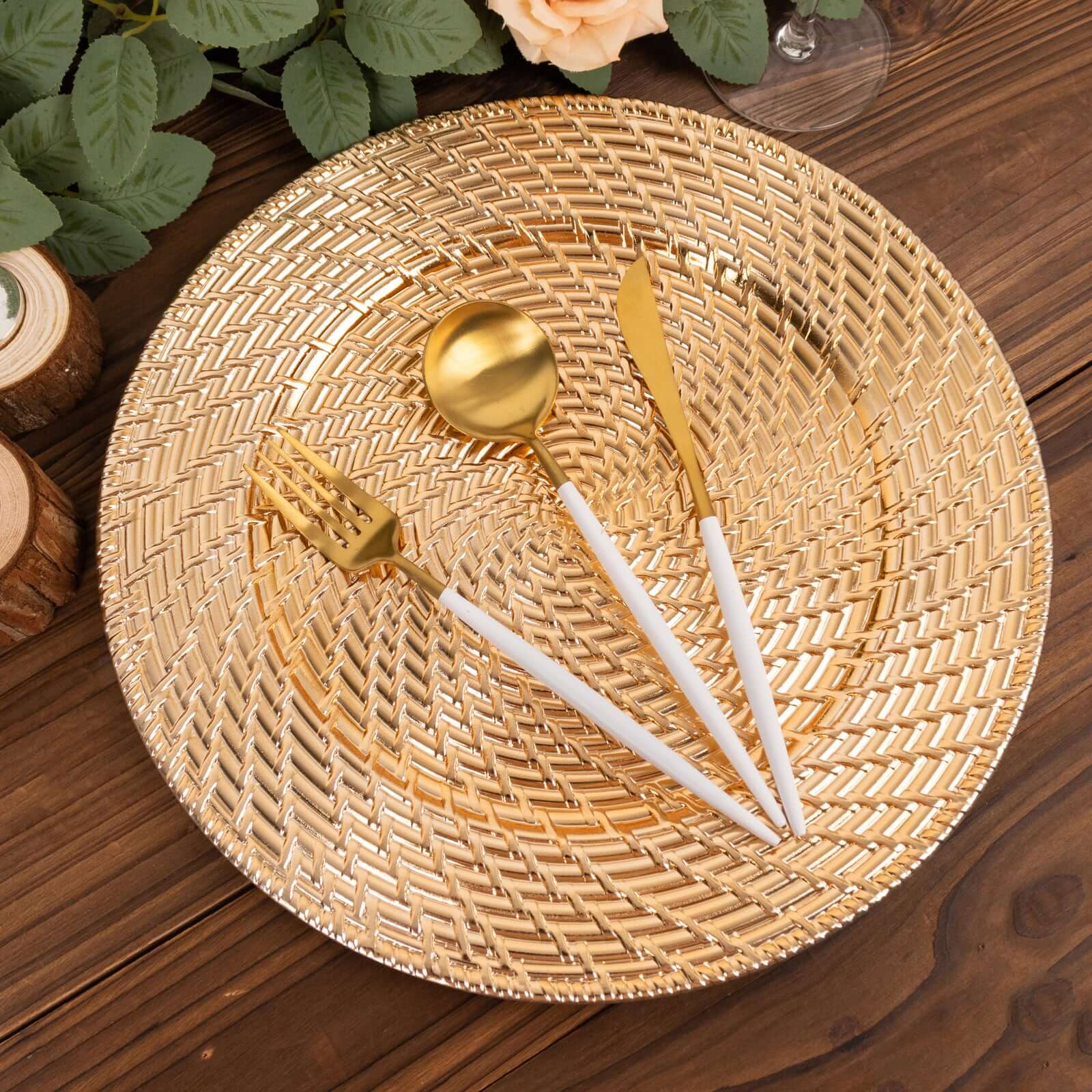 6-Pack Acrylic Round Charger Plates 13 in Metallic Gold with Swirl Rattan Pattern, Farmhouse Plastic Charger Tableware