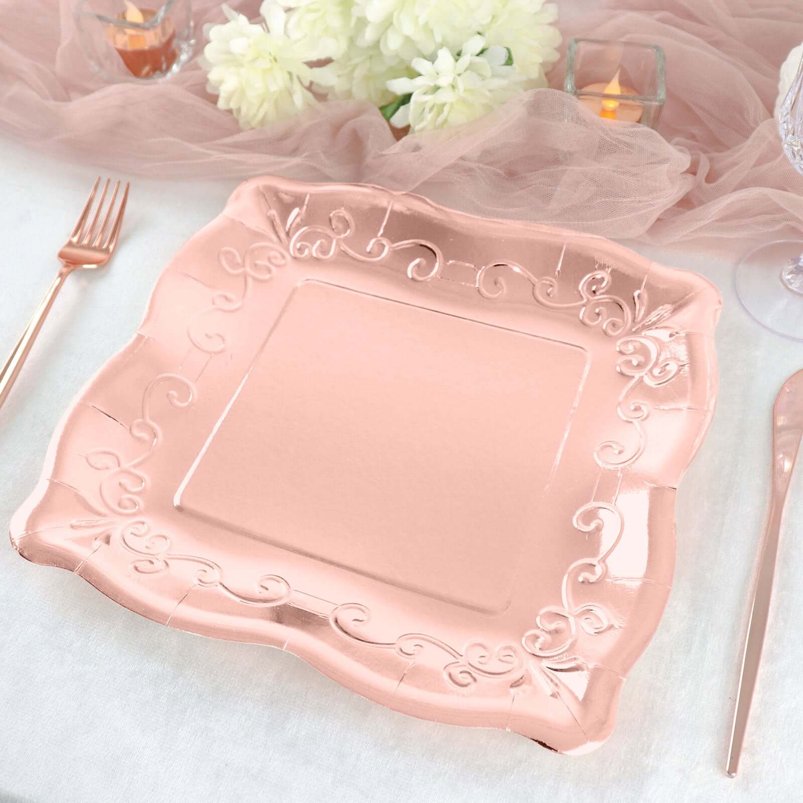 25-Pack Paper 11 Square Dinner Plates in Blush Rose Gold with Vintage Pottery Embossed Design - Shiny Metallic Disposable Serving Plates