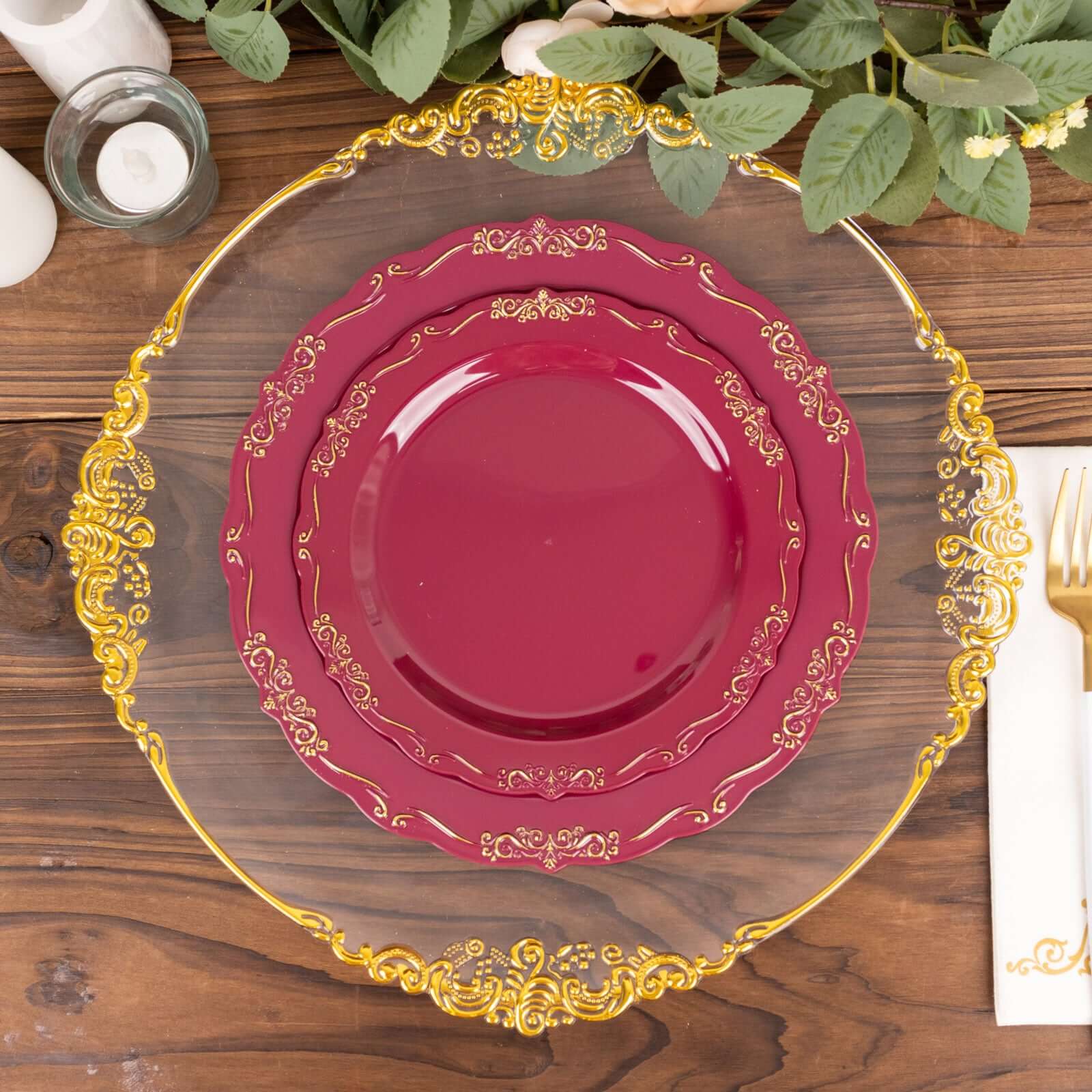 10-Pack Plastic 7 Round Dessert Plates in Burgundy with Gold Vintage Embossed Rim - Sturdy Disposable Scalloped Edge Salad Plates