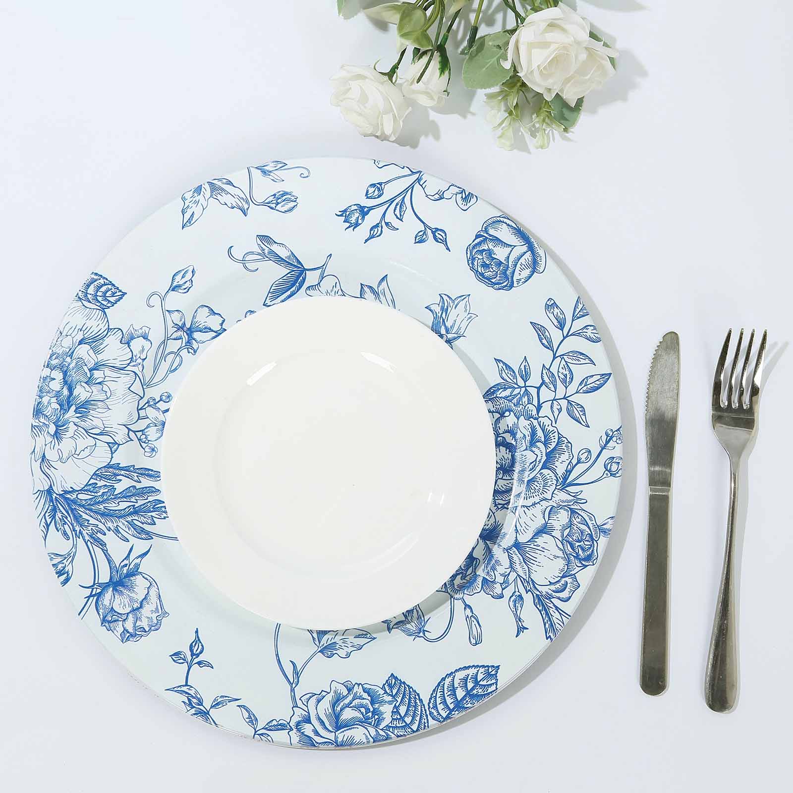 6-Pack Acrylic Round Charger Plates 13 in White with Light Blue Floral French Toile Pattern, Decorative Dinner Party Charger Tableware
