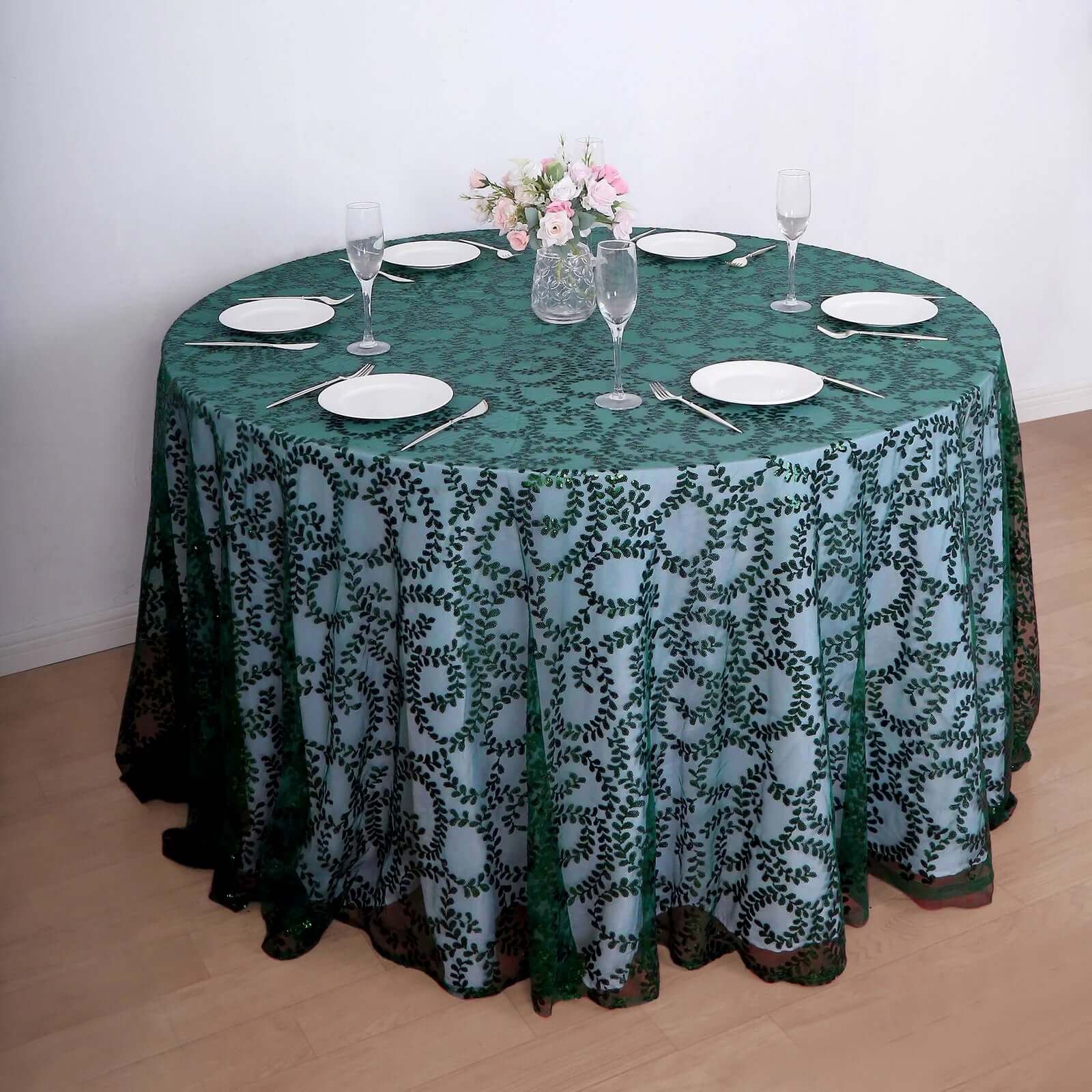 Tulle 120 Round Tablecloth Hunter Emerald Green - Seamless Sequin Leaf Embroidered Table Cover