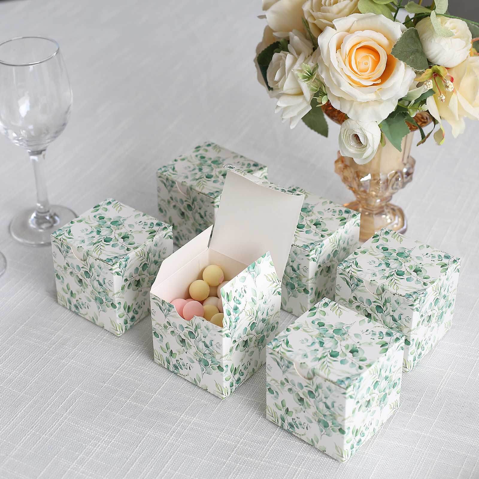 25 Pack White Green Eucalyptus Leaves Print Paper Favor Boxes, Cardstock Party Shower Candy Gift Boxes - 3x3x3