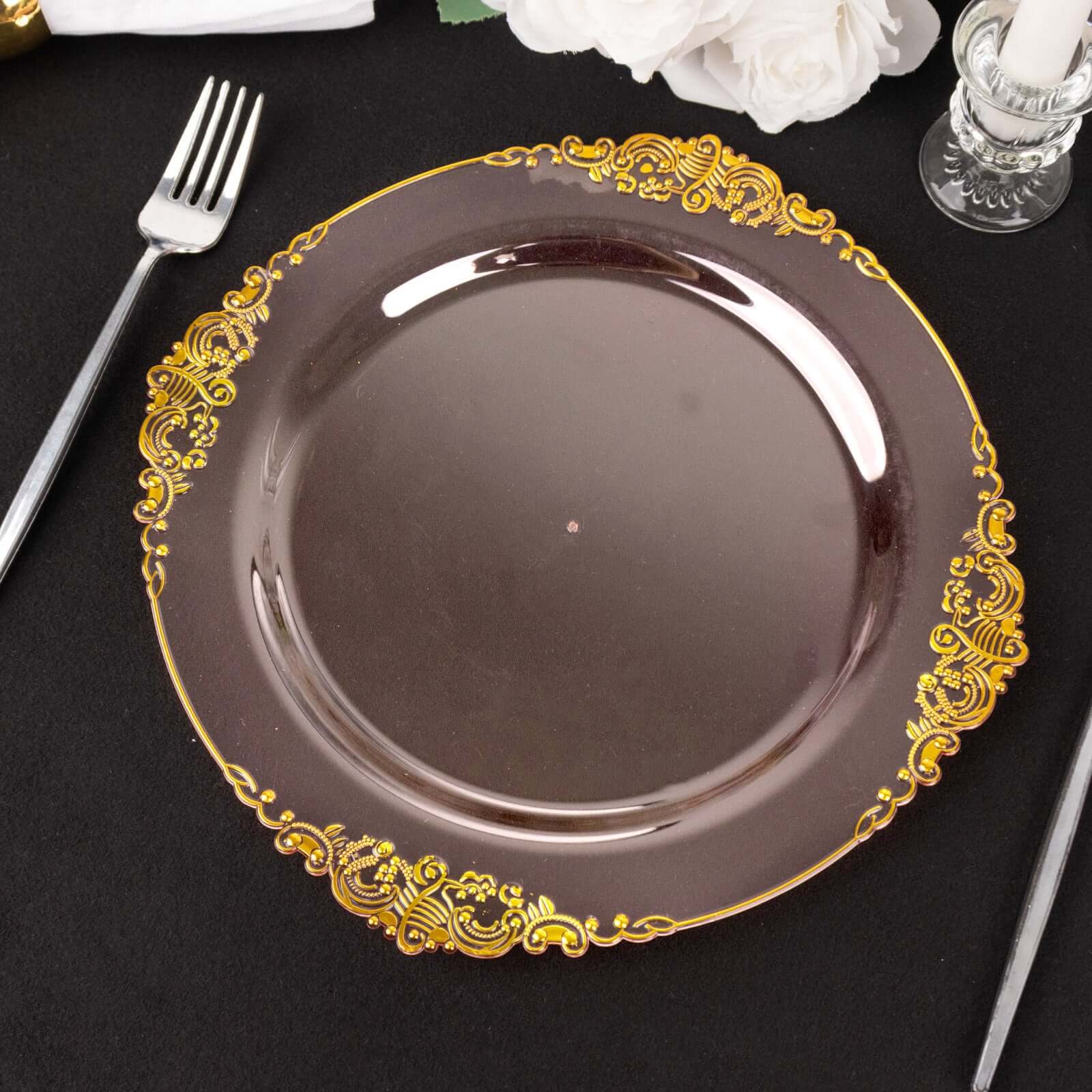 10-Pack Plastic 10 Round Dinner Plates in Transparent Blush with Gold Leaf Embossed Rim - Disposable Vintage Baroque Style Plates