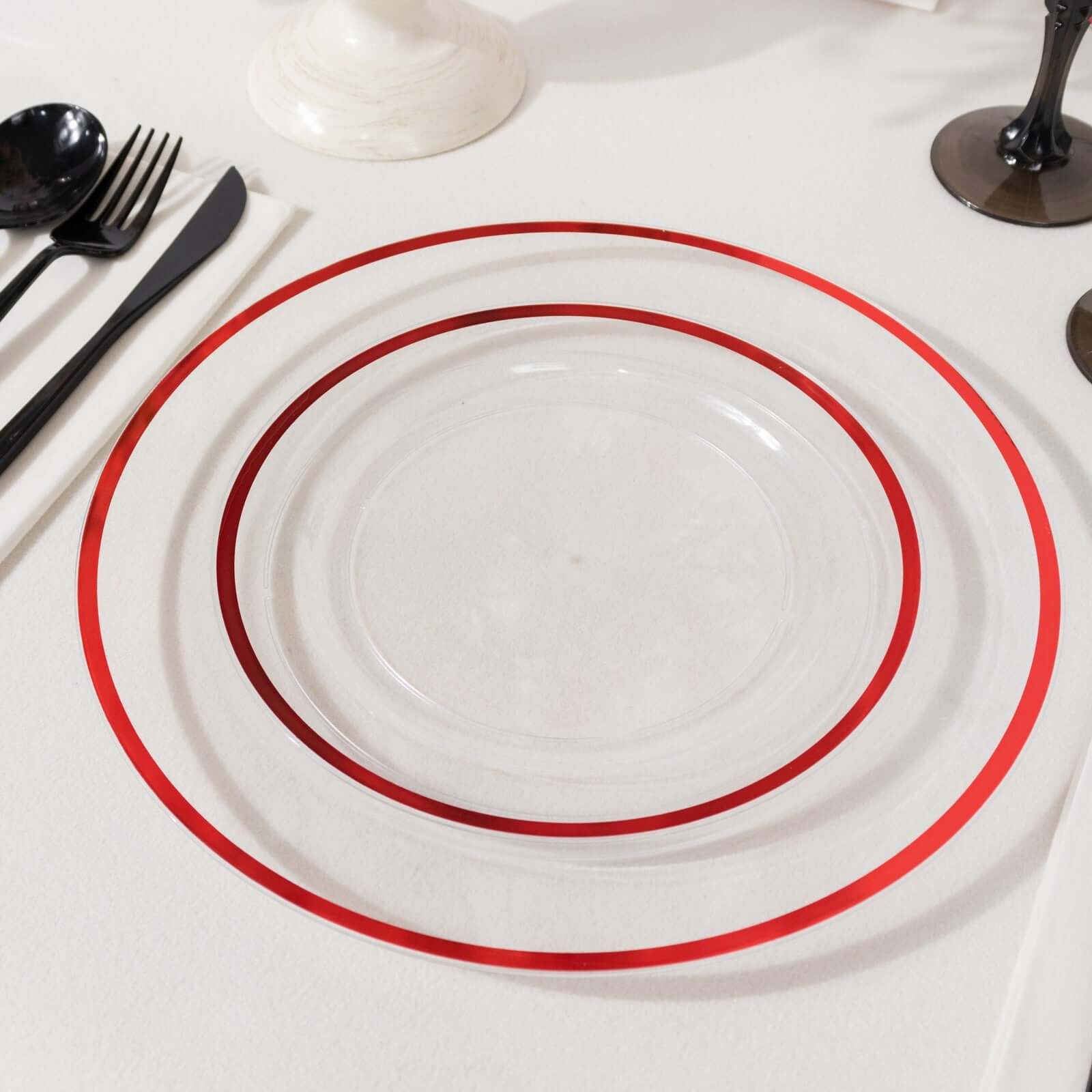 10-Pack Plastic 7 Round Appetizer Plates in Clear with Red Rim - Sleek Disposable Salad Plates for Banquets & Special Occasions