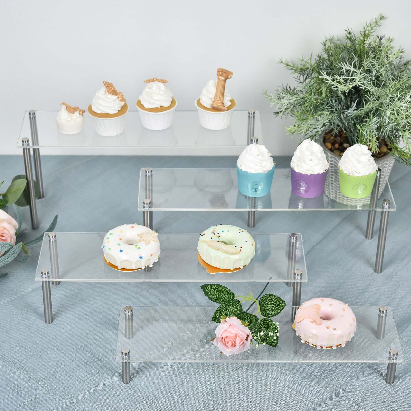 Set of 4 Premium Acrylic Dessert Display Stands Clear - Sleek Multi Level Buffet Riser Serving Tray Platter for Cupcakes Pastries & Appetizers