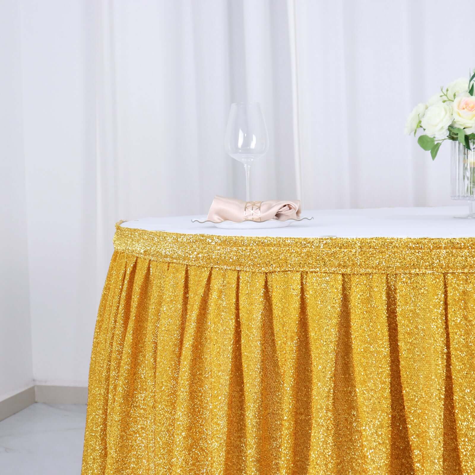 Spandex 17ft Table Skirt Gold Pleated Metallic Shimmer Tinsel with Top Velcro Strip Event Decoration