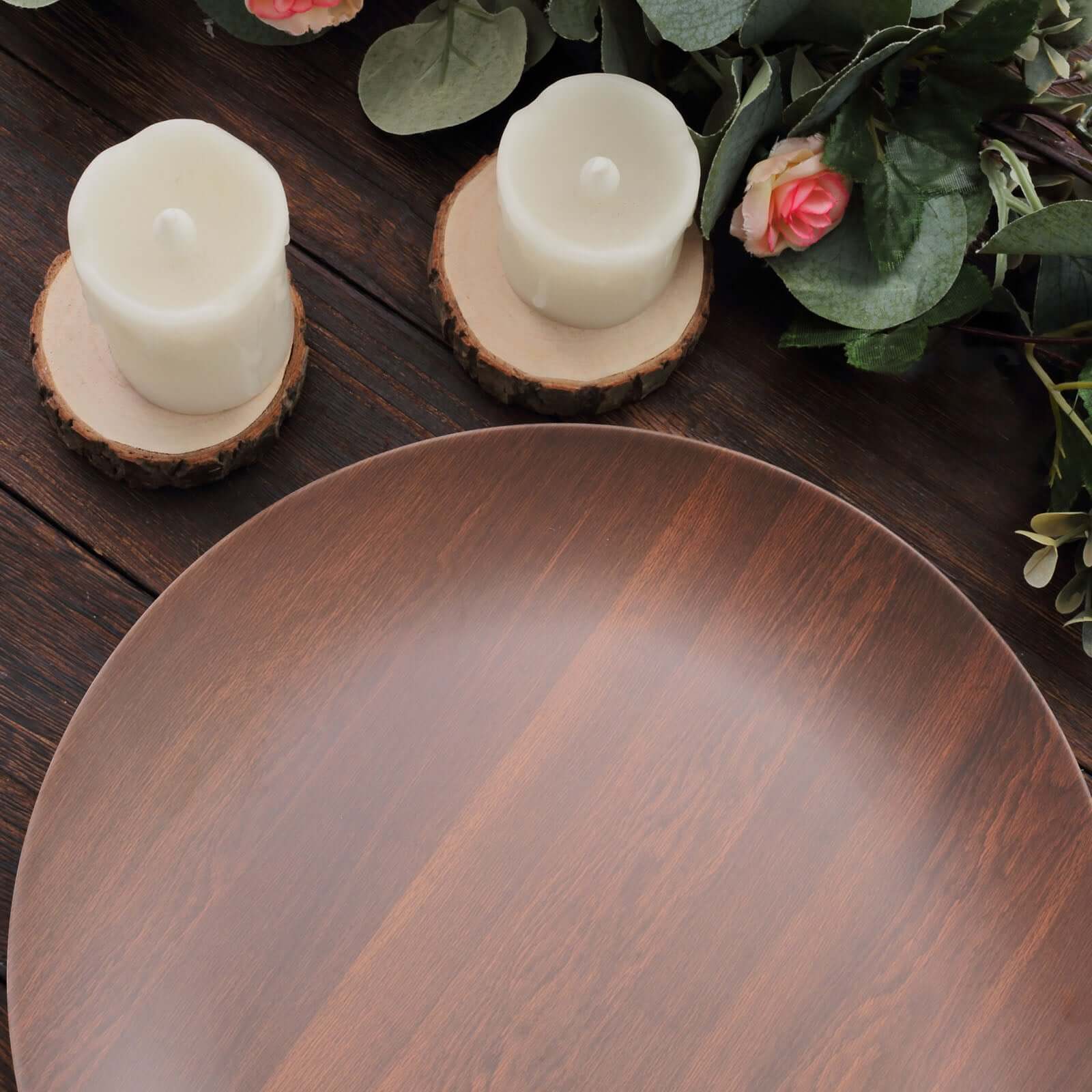 Pack of 6 Melamine 10 Round Dinner Plates in Brown Wood Grain Print - Disposable Shatterproof Party Plates for Rustic Farmhouse-Inspired Table Decor