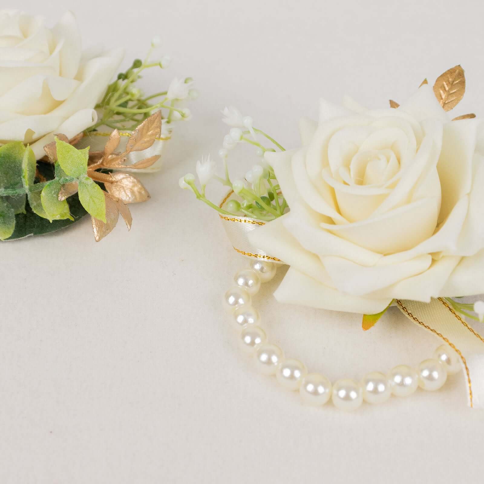 2 Pack White Artificial Rose Wrist Corsages With Pearls, 4 Flower Bracelet Wedding Accessories