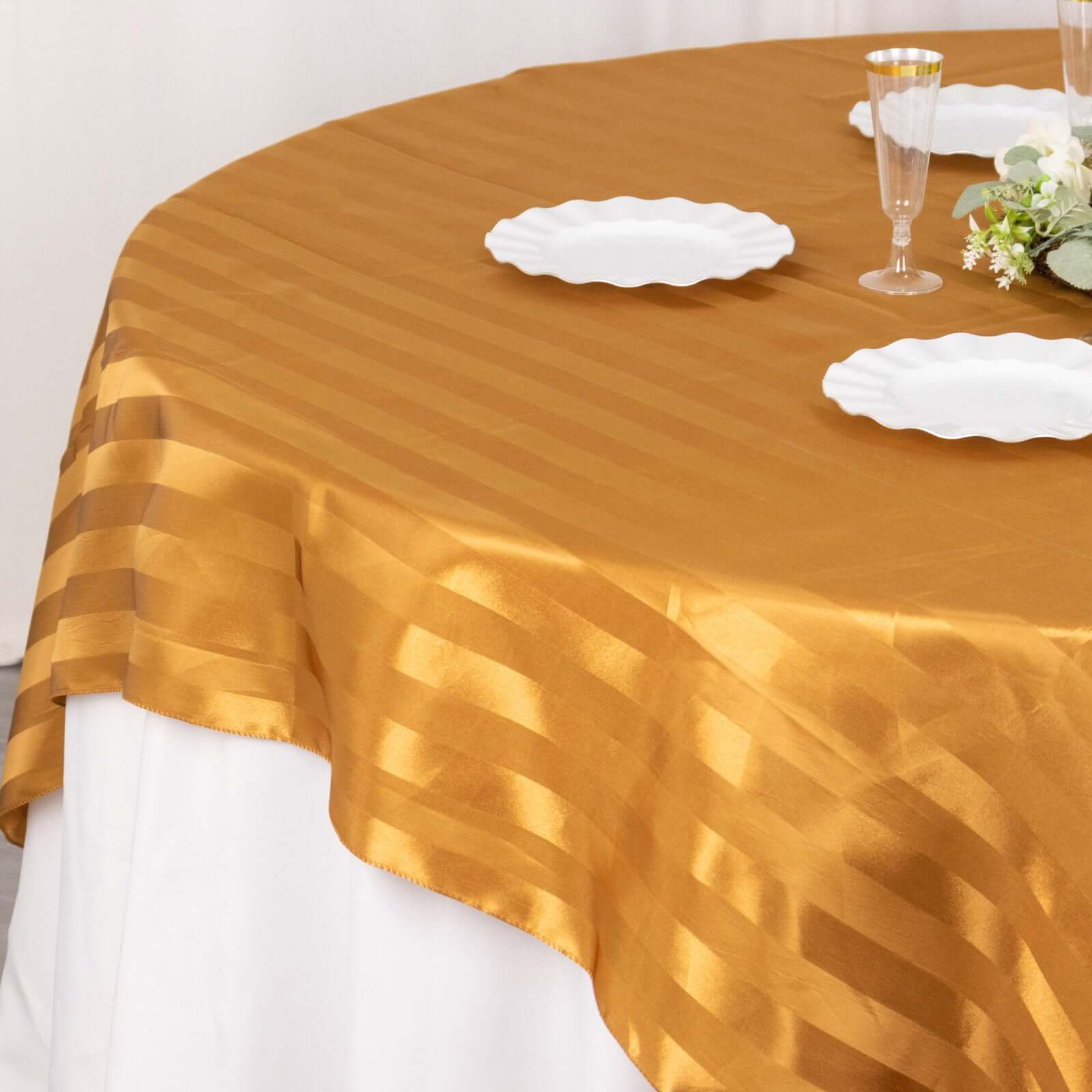 Satin 72x72 Table Overlay Square Tablecloth Gold - Stripe Table Topper