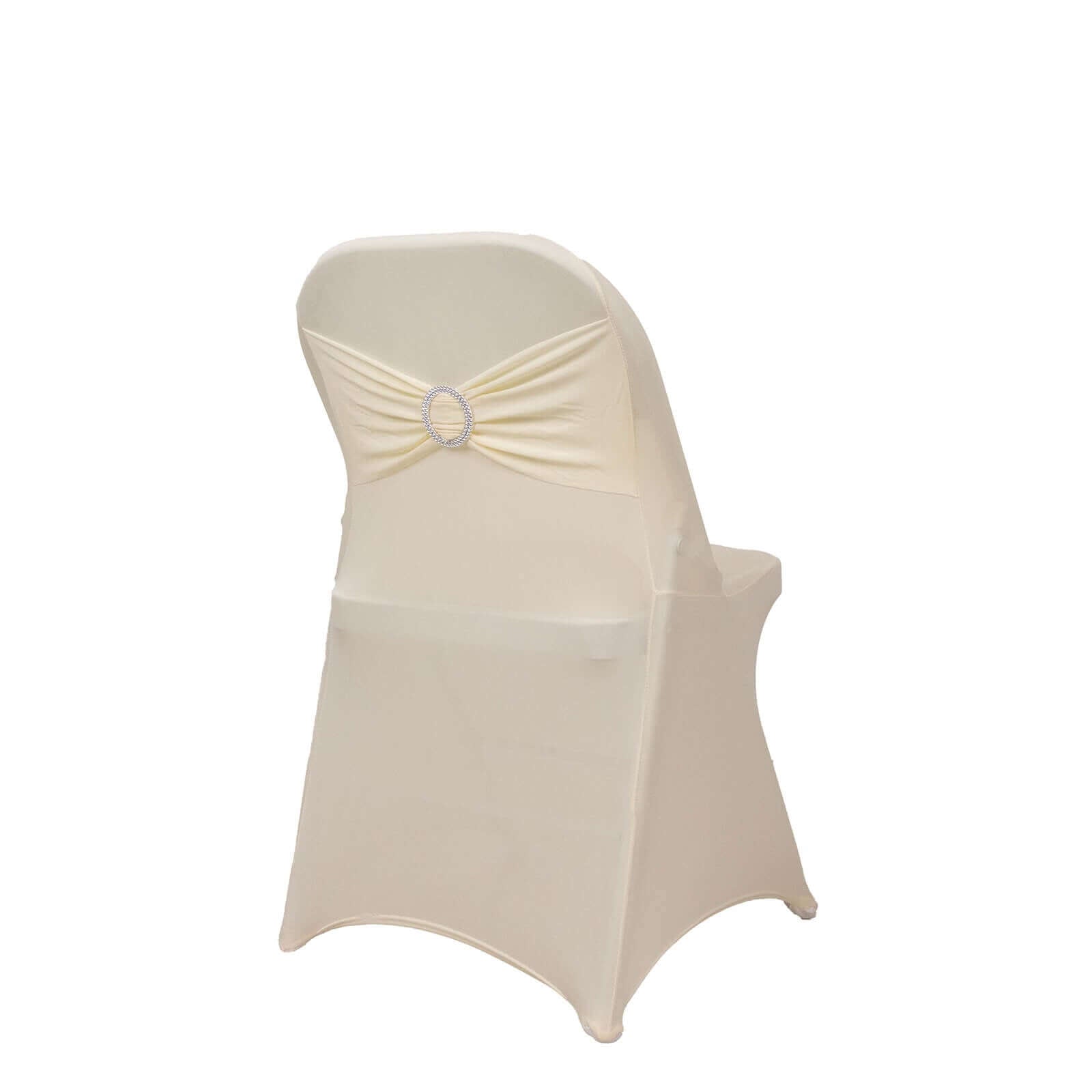 Stretch Spandex Chair Cover Ivory for Folding Chairs - Secure Fit Slipcover with Silver Rhinestone Buckled Sash Band