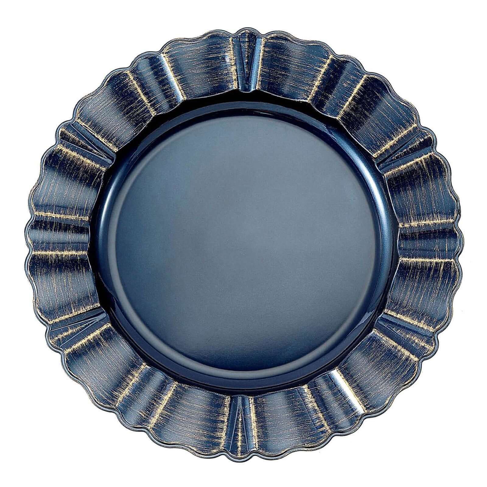 6-Pack Acrylic Plastic Round Charger Plates 13 in Navy Blue with Gold Brushed Wavy Scalloped Rim, Decorative Dinner Party Charger Tableware