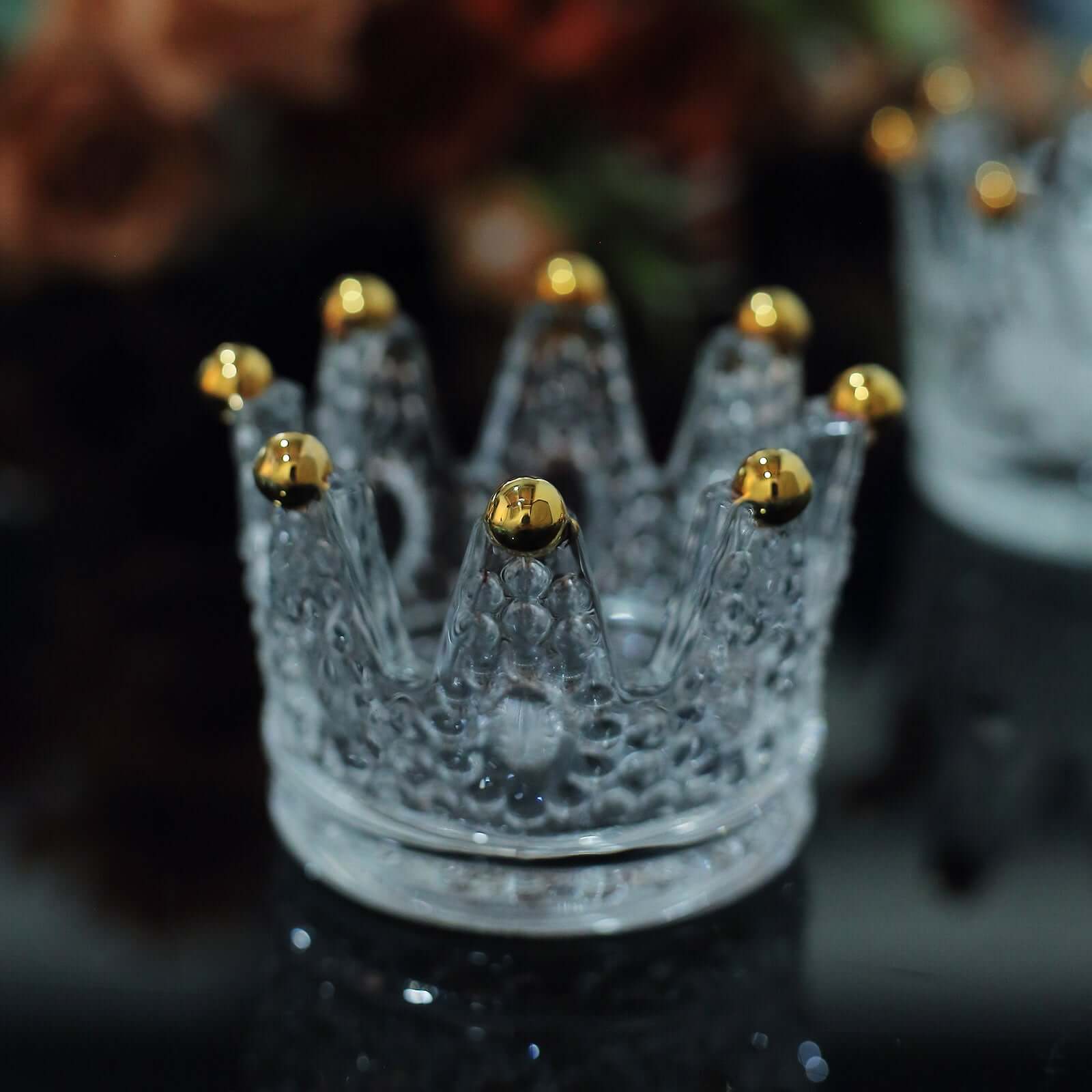 6-Pack Glass Crown Votive Candle Holders Clear Crystal Design with Gold Beaded Tips - Tea Light Holders 3x2