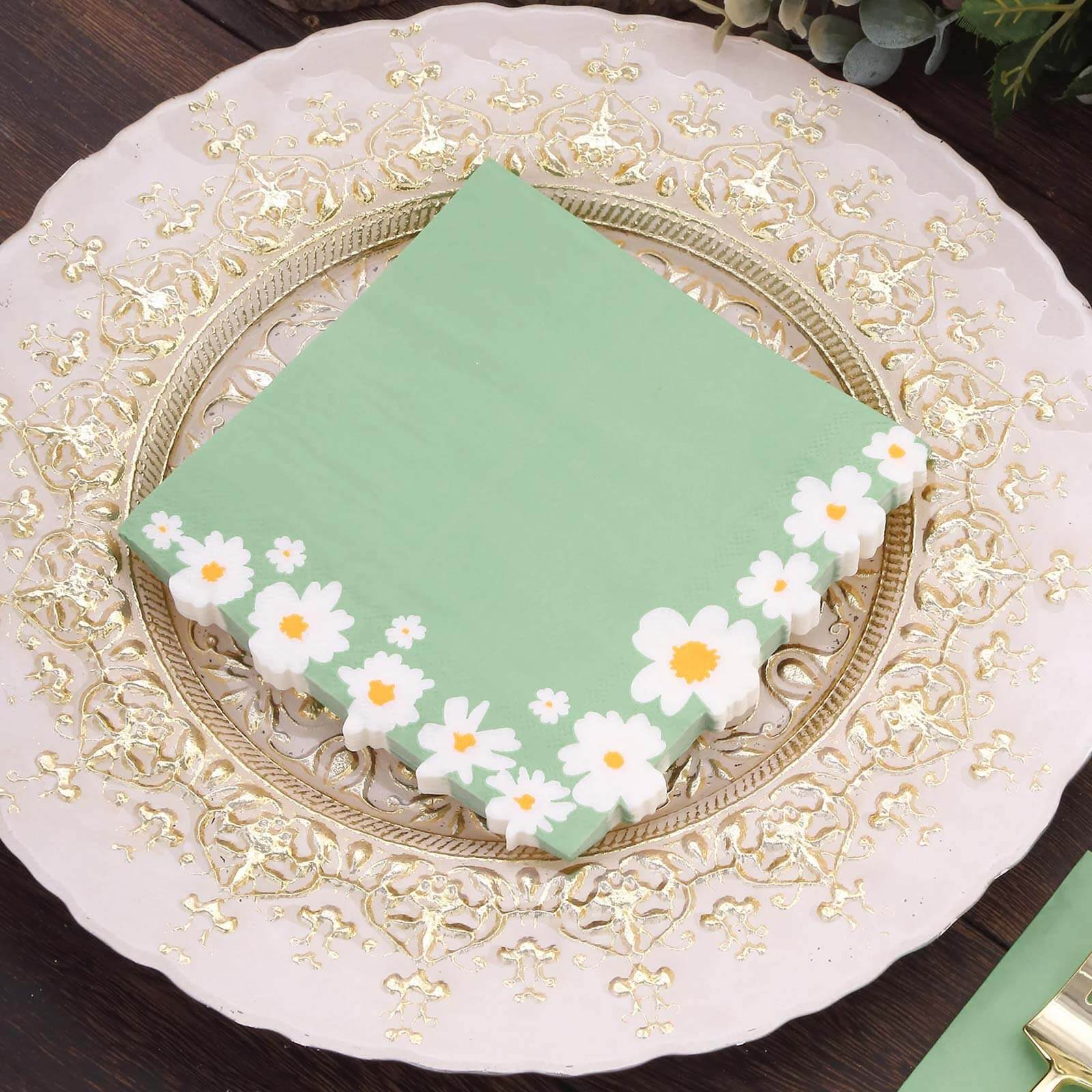 50-Pack Paper Beverage Napkins with Daisy Flower Design Sage Green - 2 Ply Soft 18GSM Floral Wedding Napkins 6.5x6.5