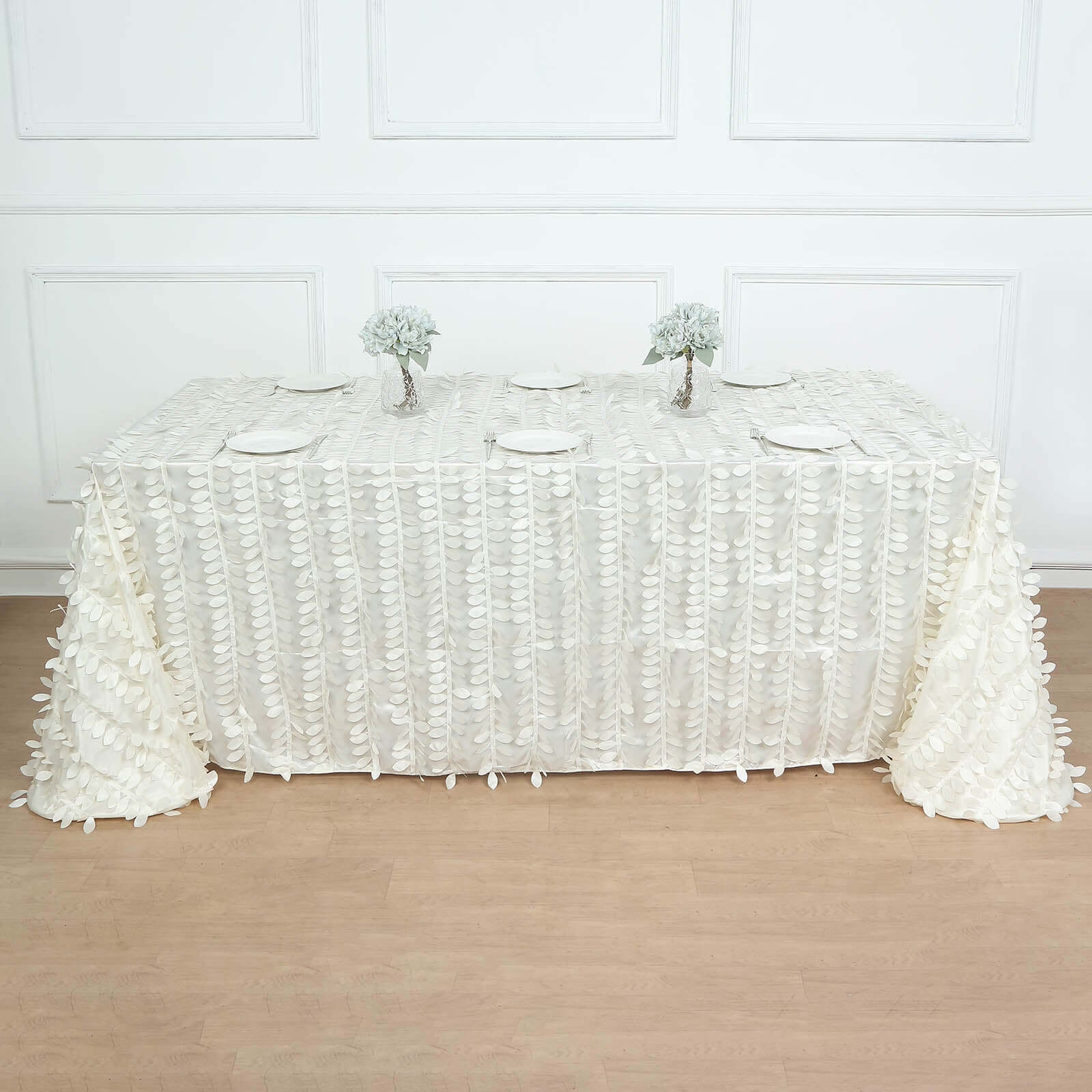 Taffeta 90x132 Rectangle Tablecloth Ivory | 3D Leaf Petal Design Seamless Table Cover