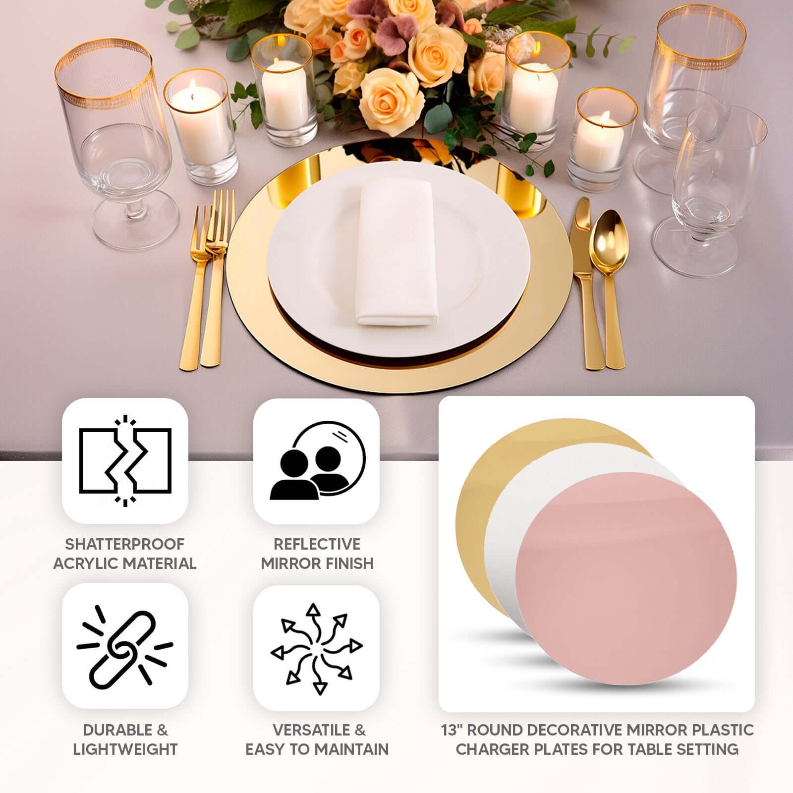 10-Pack Dining Plate Chargers Decorative Acrylic Mirror Gold Round - Lightweight Event Display 13