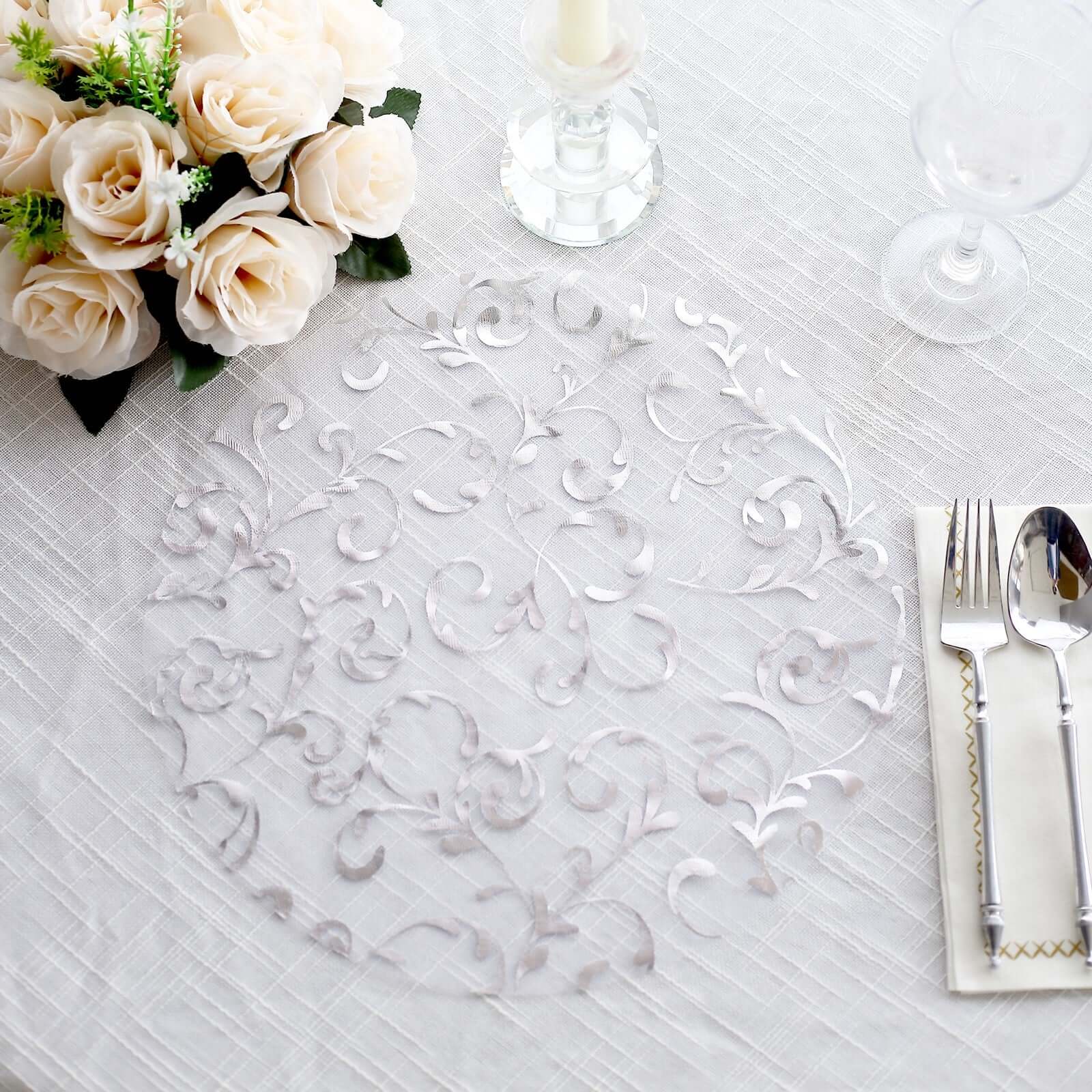 10-Pack Table Placemats Embossed Foil Flower Design Metallic Silver Round - Sheer Organza Disposable Mats 13