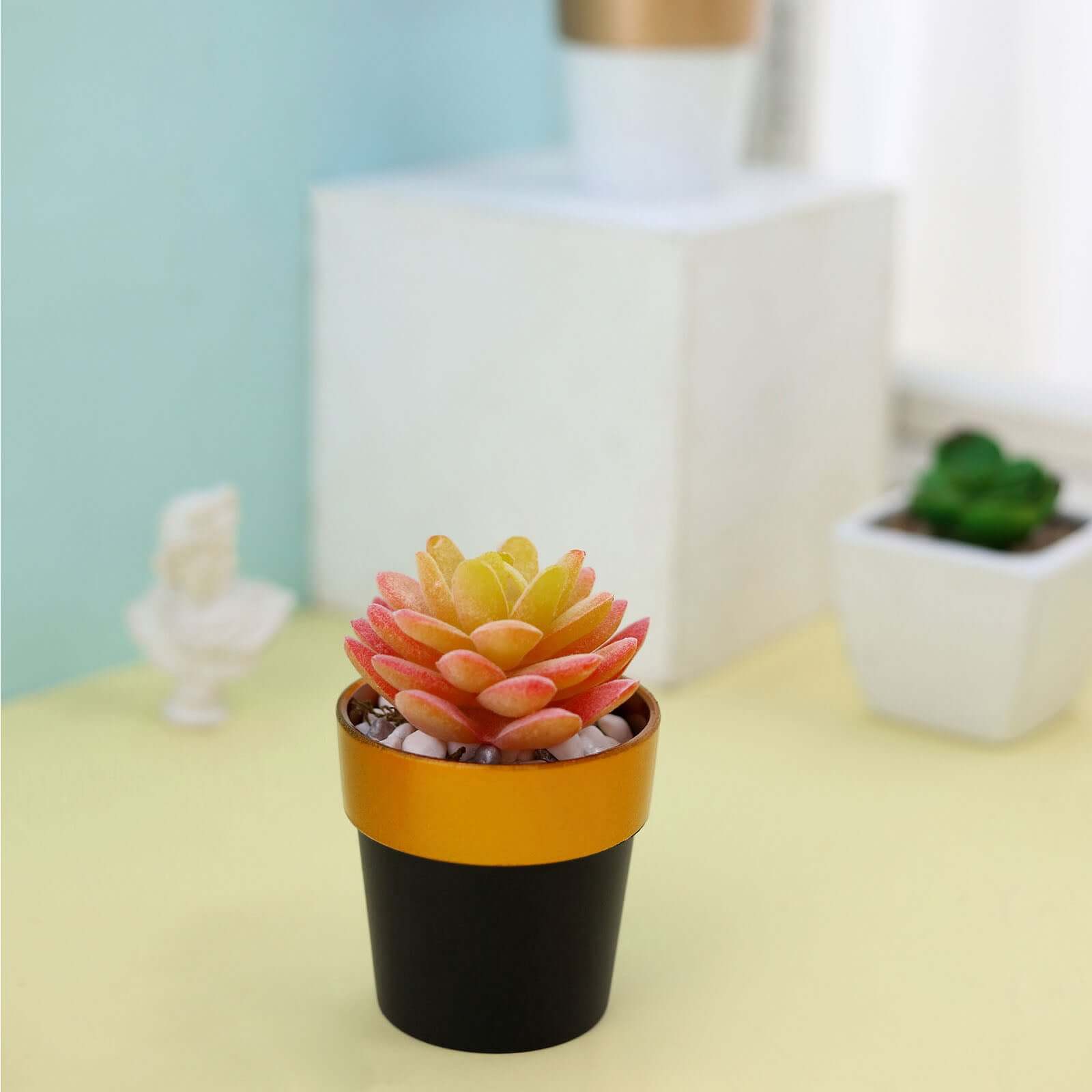 3-Pack Flower Plant Pots Small Design Black with Gold Rim - Plastic Indoor Decorative Planters 3