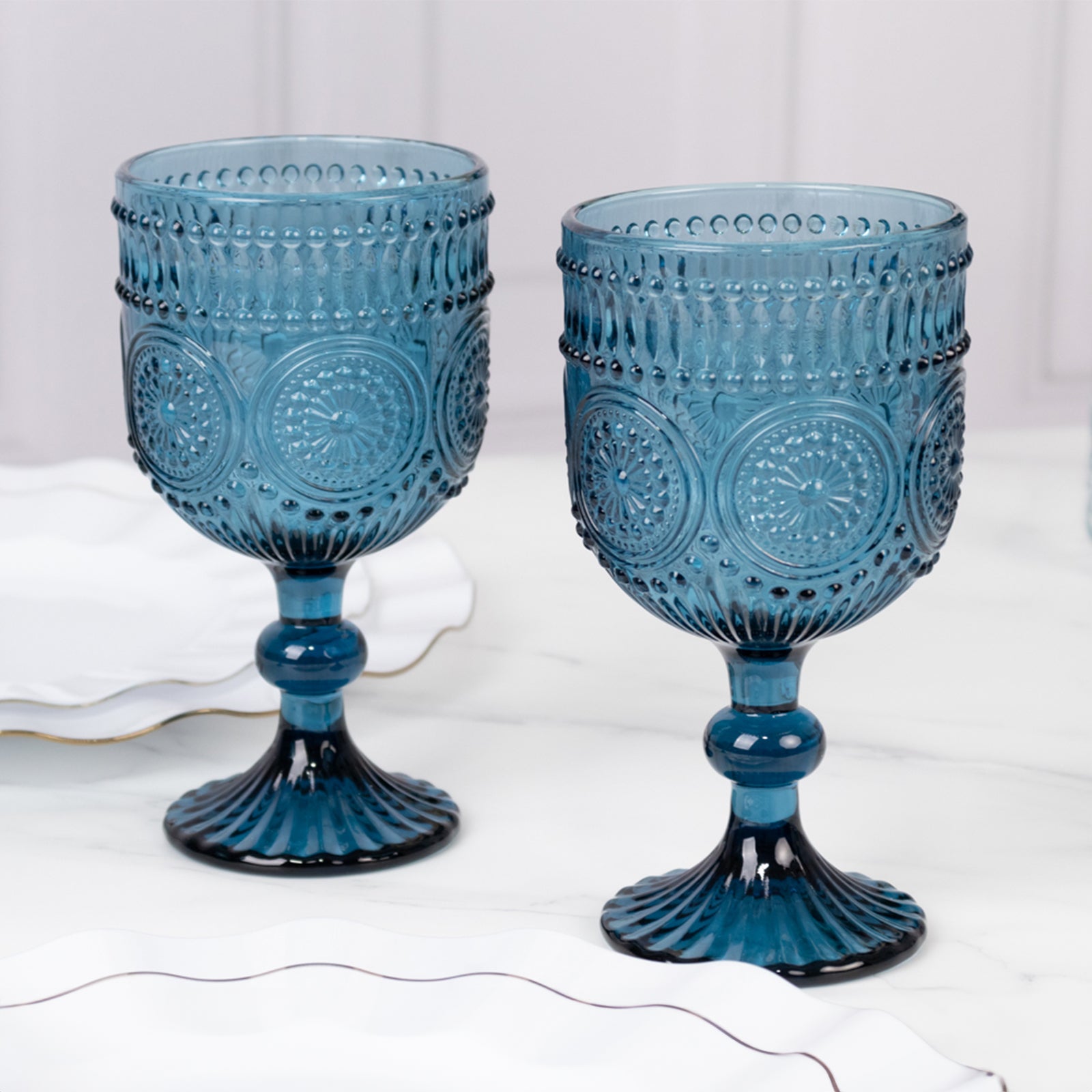 6-Pack Wine Glasses Ocean Blue Vintage Embossed Design with Textured Floral Pattern - Short Stemmed Glasses for Drinks & Cocktails 12oz