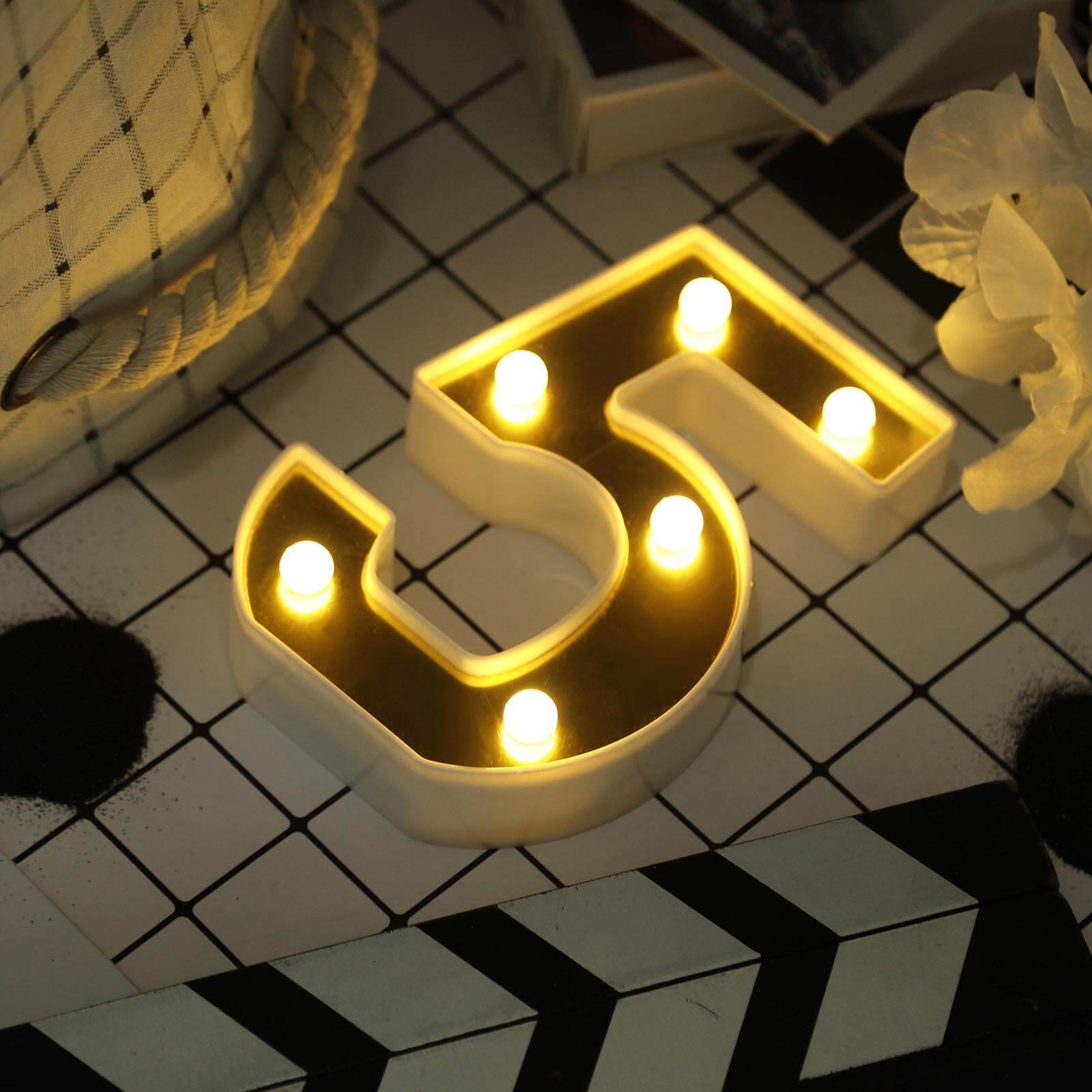 3D Marquee Number 5 Warm White 6 LED Lights Gold - Stylish Light-Up Accent for Events 6