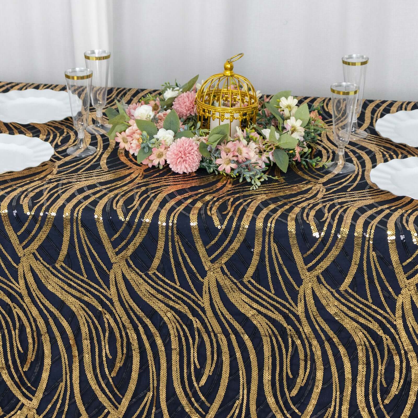 Mesh 90x156 Rectangle Tablecloth Black/Gold - Wave Sequin Embroidered Table Cover