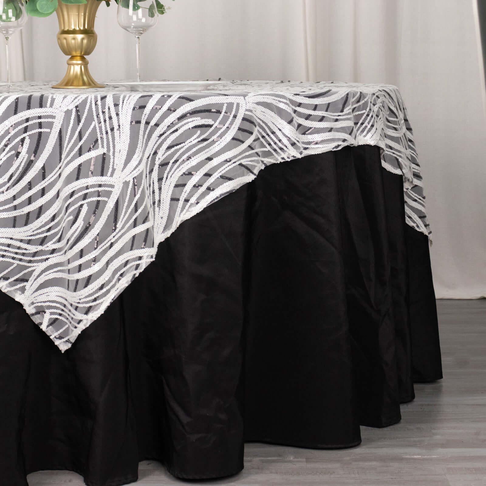 Mesh 72x72 Table Overlay Square Tablecloth White Black - Wave Embroidered Sequins Table Topper