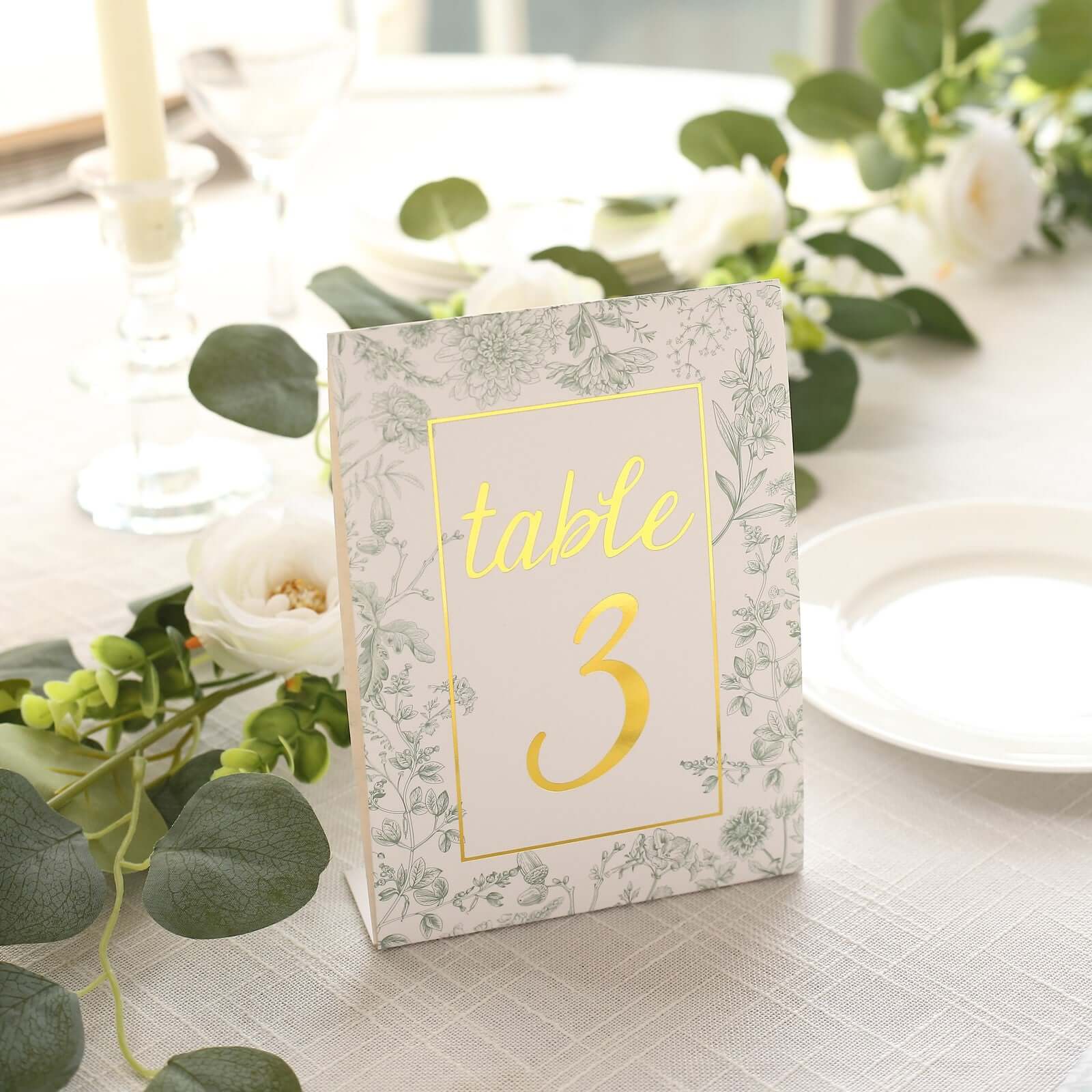 25-Pack Paper Wedding Table Numbers 1-25 White/Sage Green French Toile Design - Free Standing Double Sided Table Signs with Glam Gold Foil Numbers 7