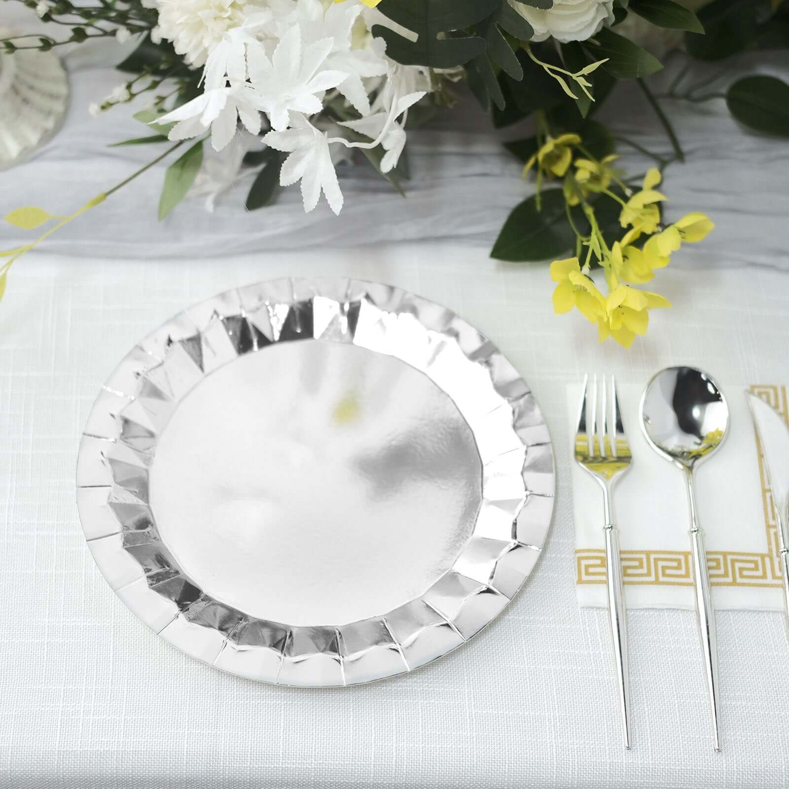 25-Pack Paper 9 Round Dinner Plates in Metallic Silver with Geometric Prism Rim - Disposable 400GSM Party Plates