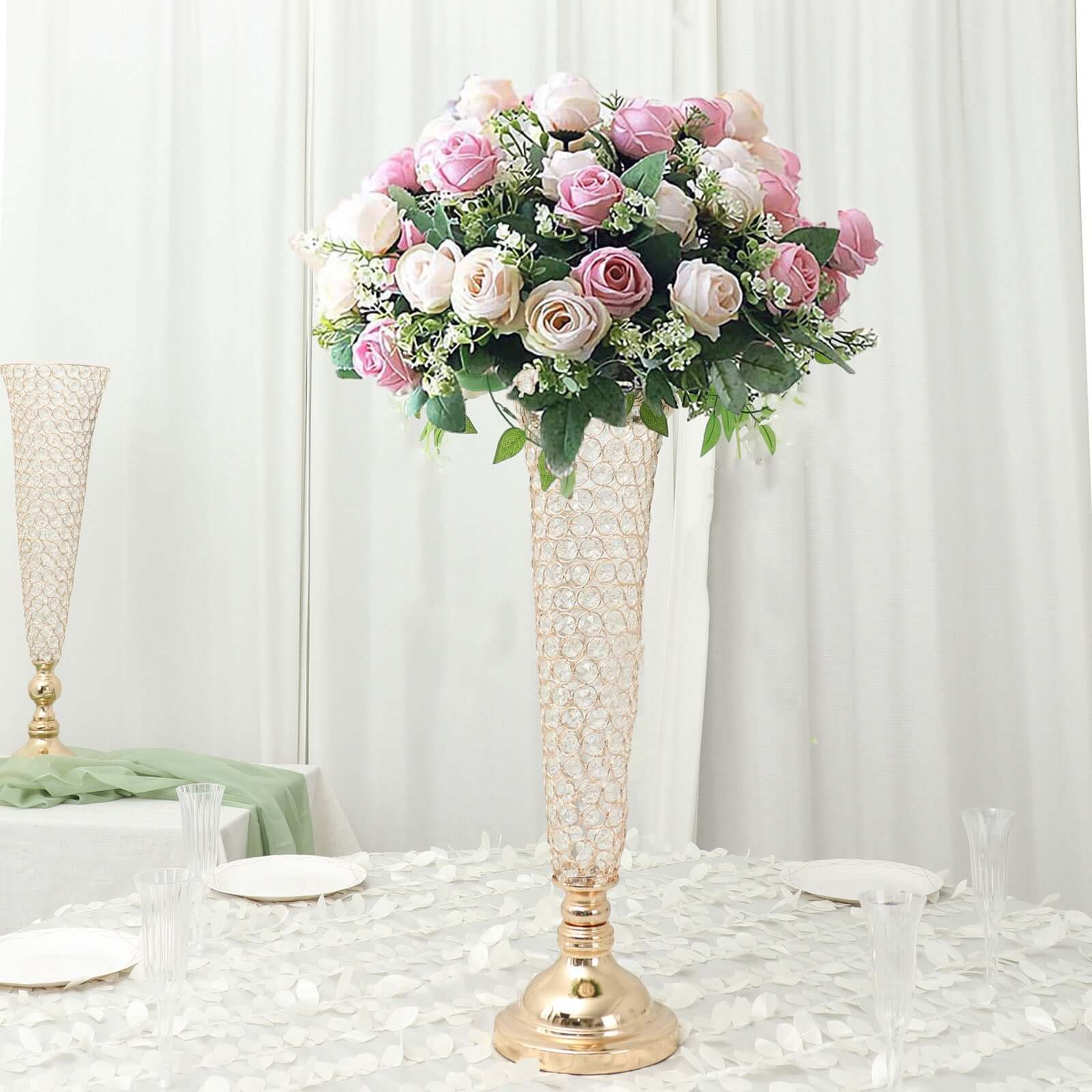 2-Pack Crystal Beaded Trumpet Vase Gold - Exquisite Floral Display Centerpiece Stand Set for Banquets & Receptions 28 Tall