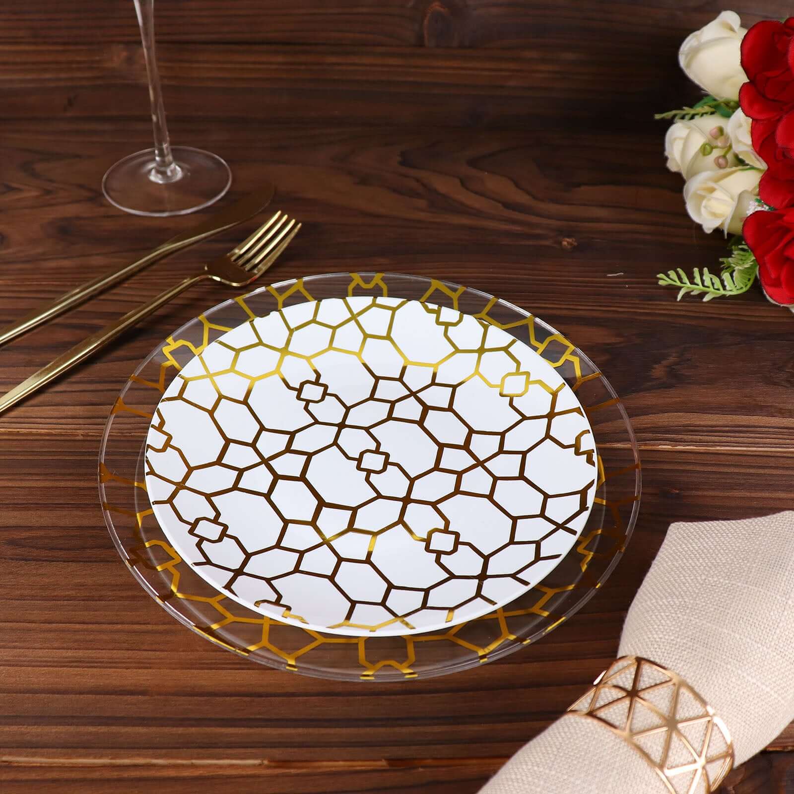 20-Pack Set Plastic Round Dinner and Salad Plates in White & Clear with Geometric Gold Print - Modern Disposable Dinnerware Set for Weddings & Celebrations 9, 7