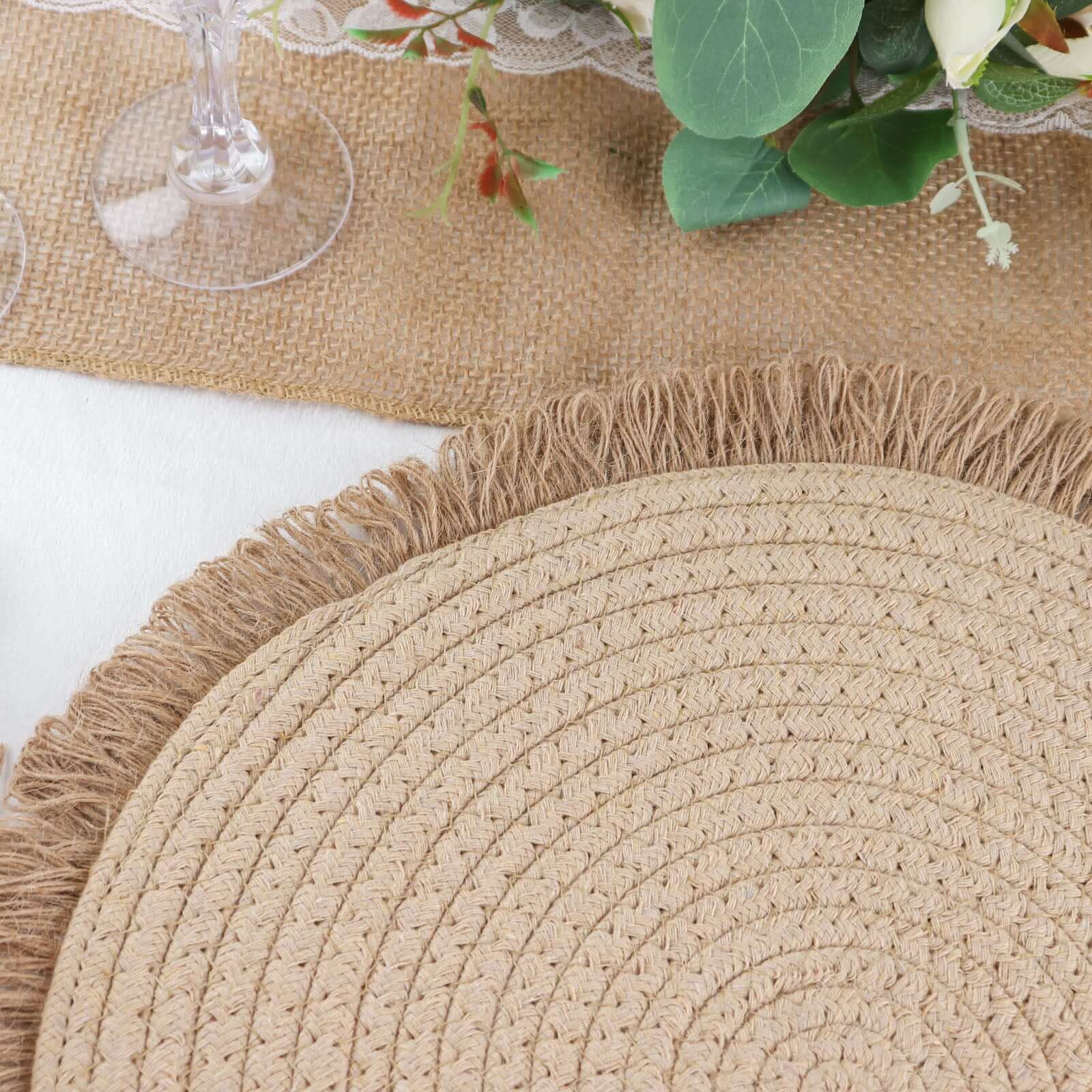 4-Pack Placemats Fringed Edge Design Natural Rustic Burlap Jute Round - Farmhouse Style Table Mats with Trim 15