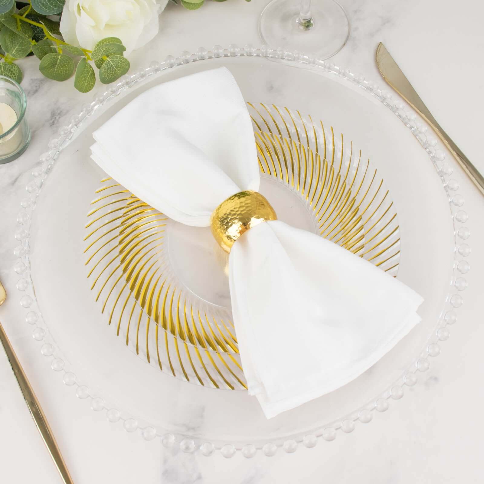 10-Pack Plastic 9 Round Dinner Plates Clear with Gold Swirl Rim - Disposable Party Plates for Classy Events & Banquets