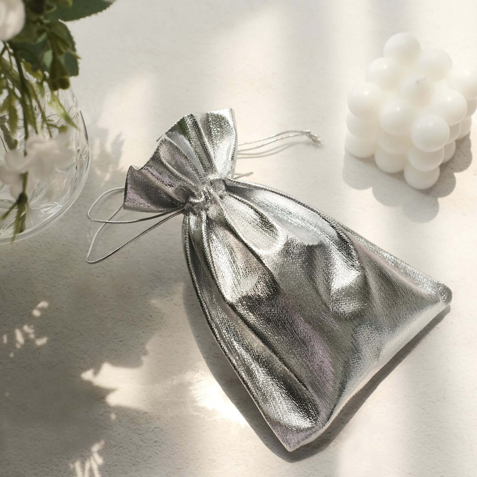 10 Pack Metallic Silver Lame Polyester 5x7 Party Favor Gift Bags, Shiny Fabric Drawstring Candy Pouch