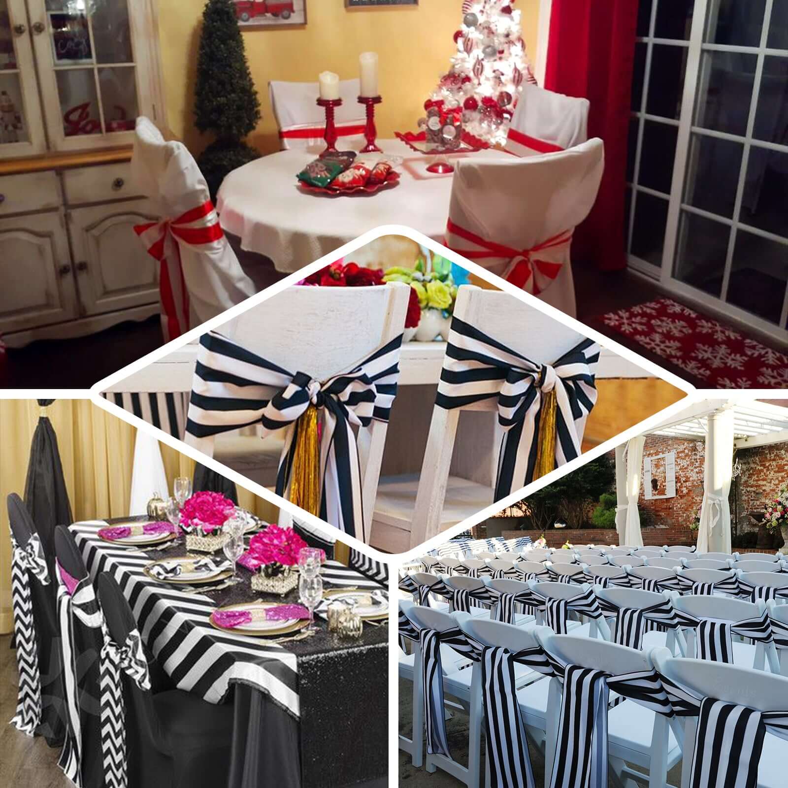 5 Pack Satin 6x108 Chair Sashes Black/White Stripes - Sophisticated Decor for Weddings & Gatherings