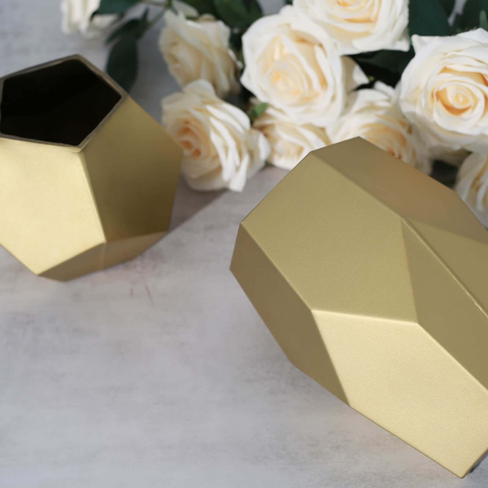 Set of 2 Glass Flower Vases Geometric Design Matte Gold - Stylish Modern Candle Holder Centerpieces 5, 8