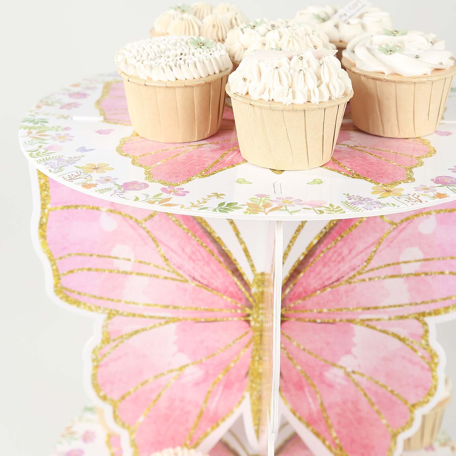 2-Pack Foam Board Cake Stands White/Pink Glitter Butterfly with Floral Print - Sturdy Cupcake Dessert Holder Display Stands for Enchanted Garden Party Birthday & Event Decor 12