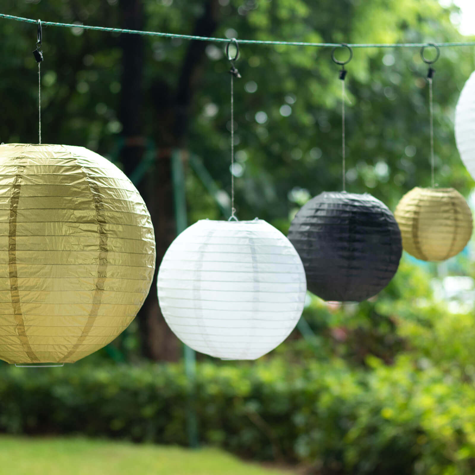 Set of 8 Mixed Black Gold Hanging Paper Lanterns, Decorative Round Chinese Sky Lanterns, Assorted Sizes - 6,8,10,14